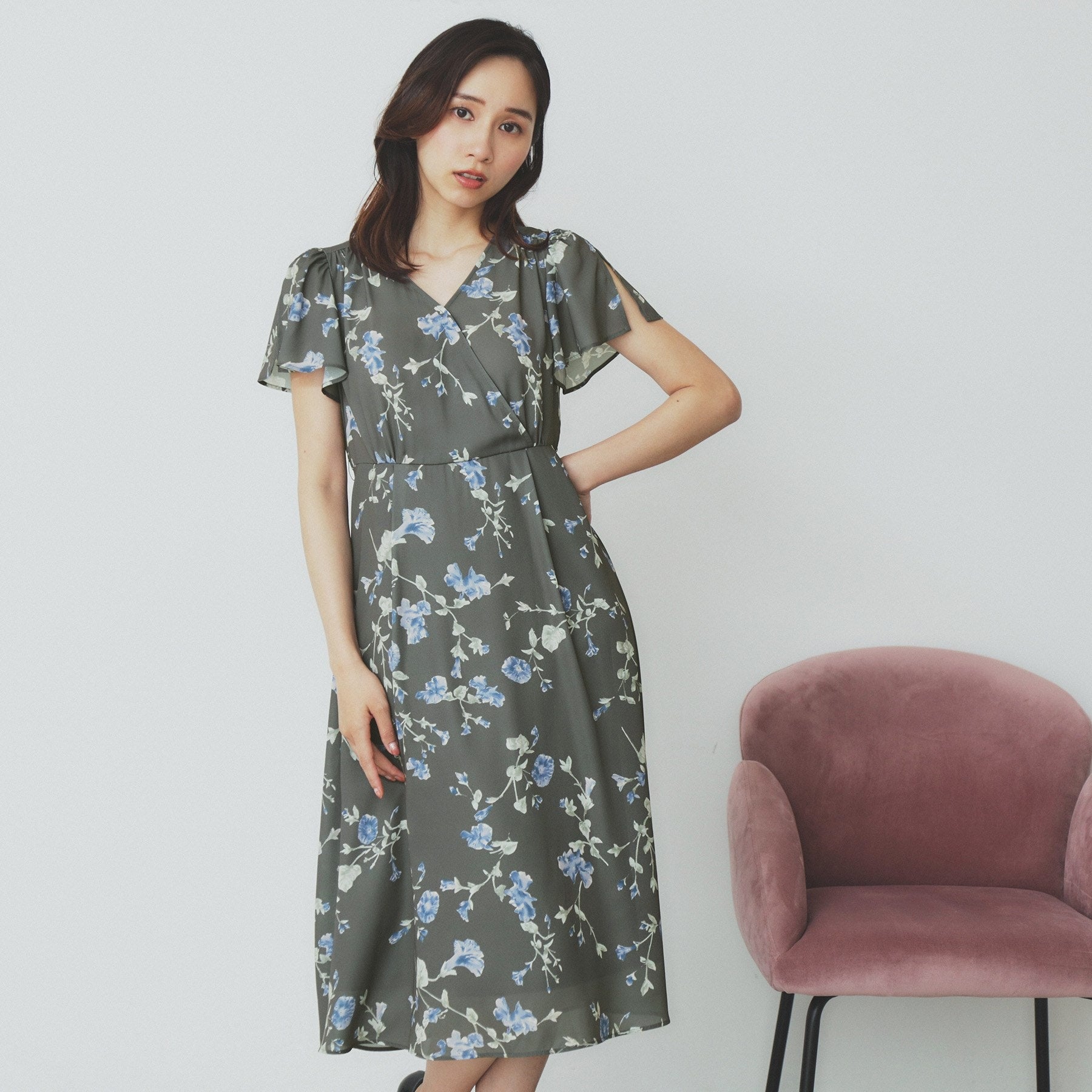 インデックス index カシュクールフラワーフレアスリーブワンピース【洗濯機可】 (ライトベージュ(151)) ライトベージュ(151)