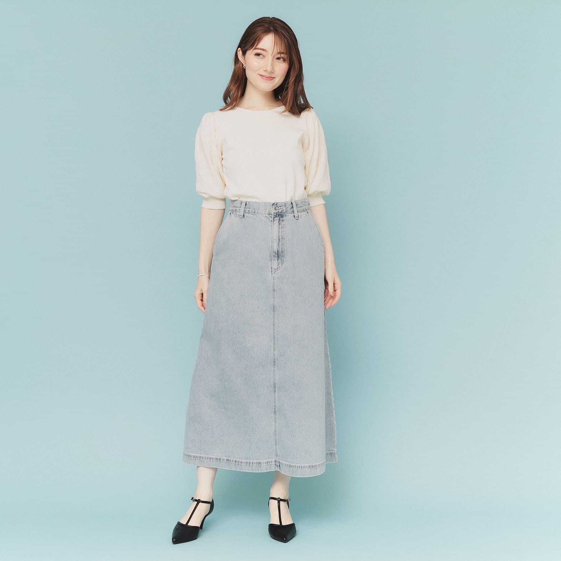 インデックス index 《丈が選べる》Aラインデニムロングスカート【洗濯機洗い可】 (ネイビー(094)) ネイビー(094)