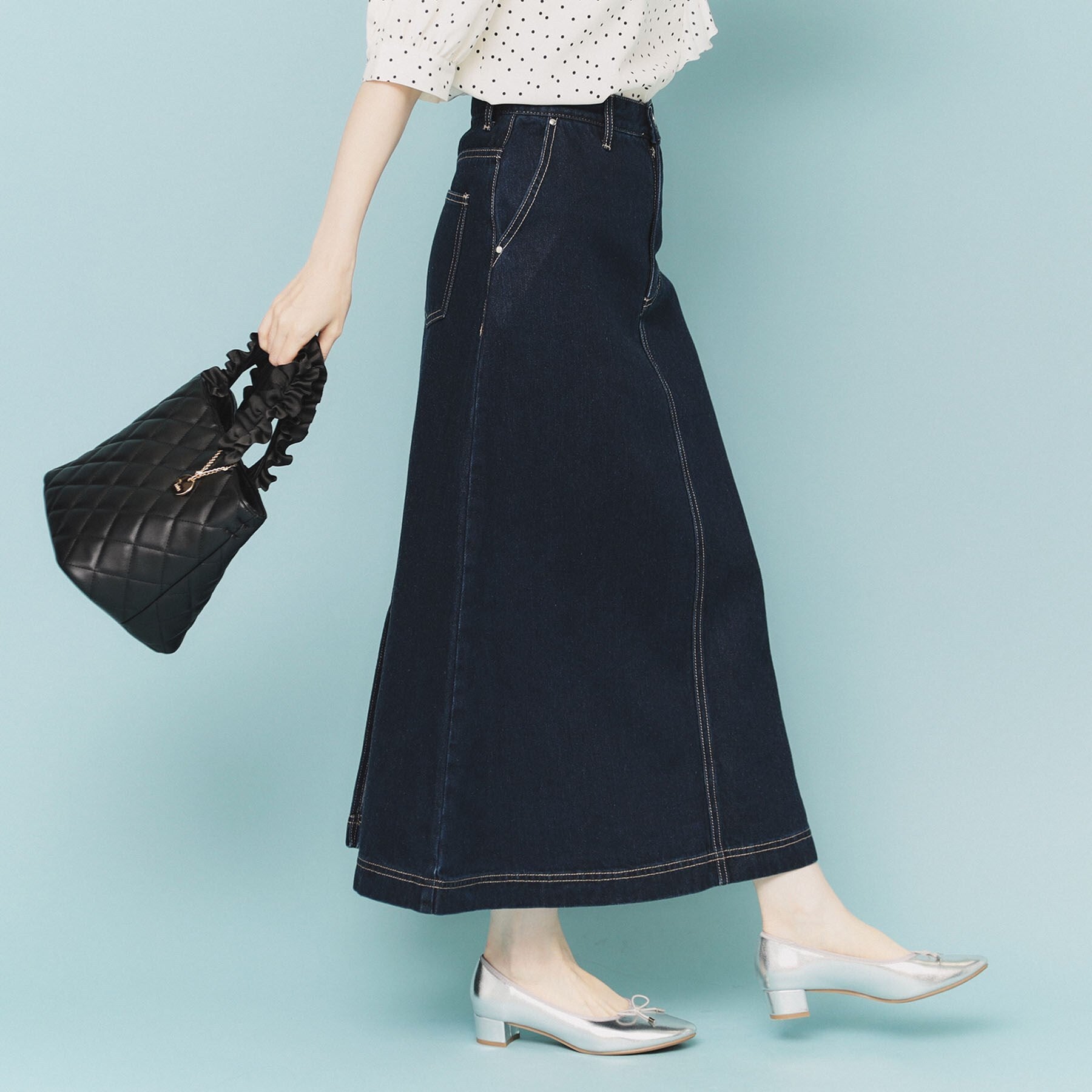 インデックス index 《丈が選べる》Aラインデニムロングスカート【洗濯機洗い可】 (ネイビー(094)) ネイビー(094)