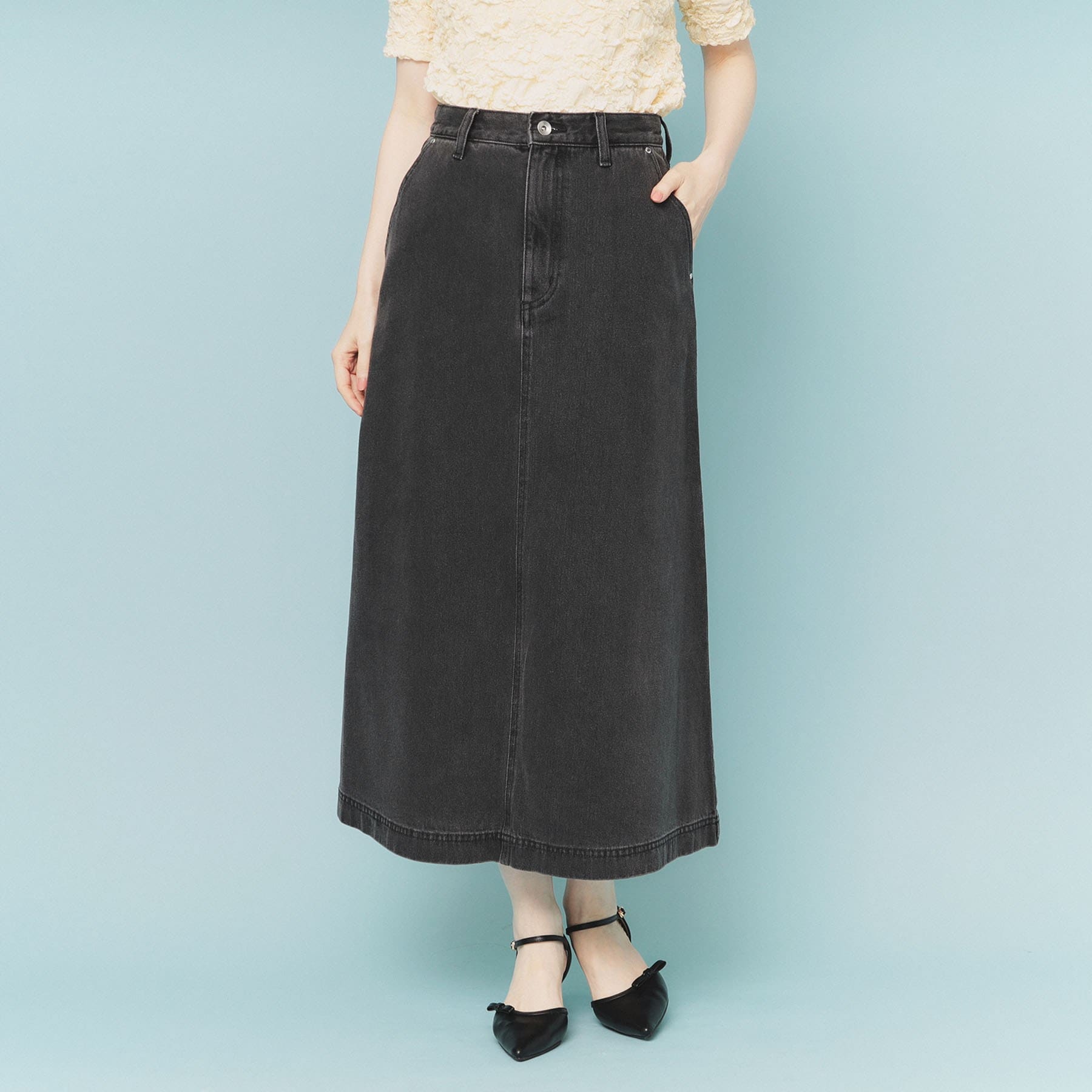 インデックス index 《丈が選べる》Aラインデニムロングスカート【洗濯機洗い可】 (ネイビー(094)) ネイビー(094)