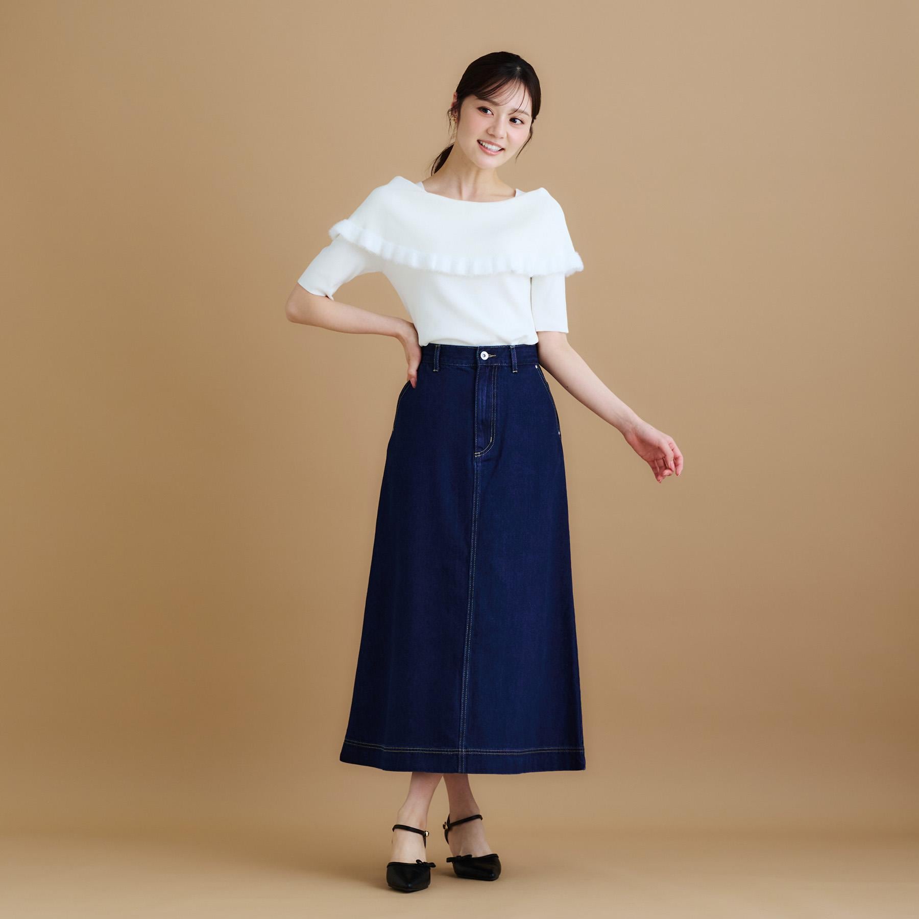 インデックス index 《丈が選べる》Aラインデニムロングスカート【洗濯機洗い可】 (ネイビー(094)) ネイビー(094)