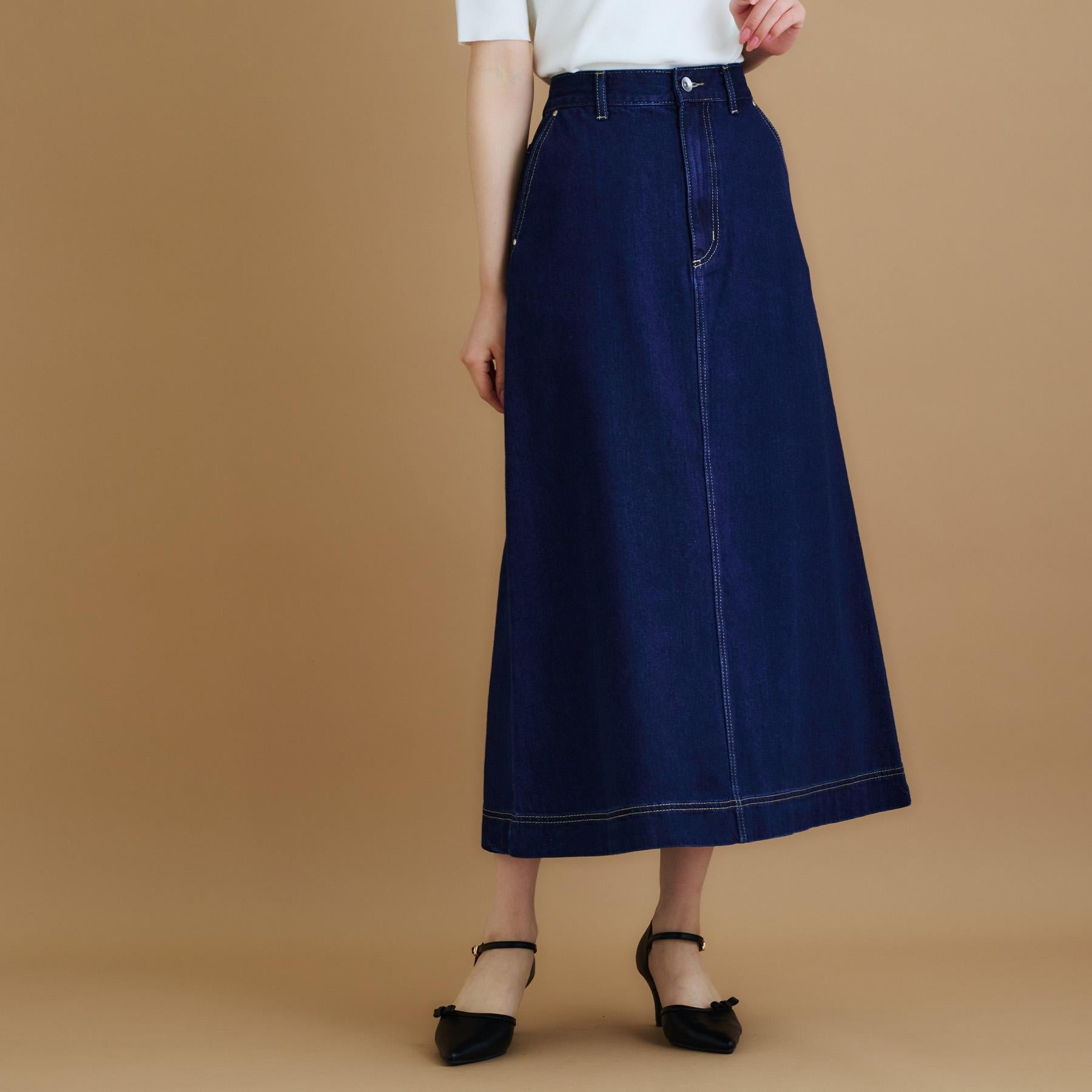 インデックス index 《丈が選べる》Aラインデニムロングスカート【洗濯機洗い可】 (ネイビー(094)) ネイビー(094)