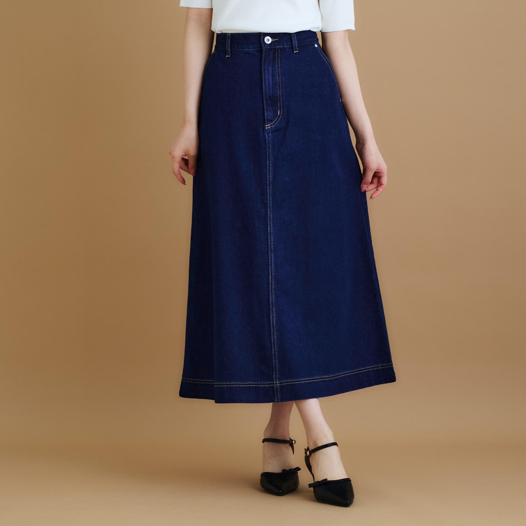インデックス index 《丈が選べる》Aラインデニムロングスカート【洗濯機洗い可】 (ネイビー(094)) ネイビー(094)
