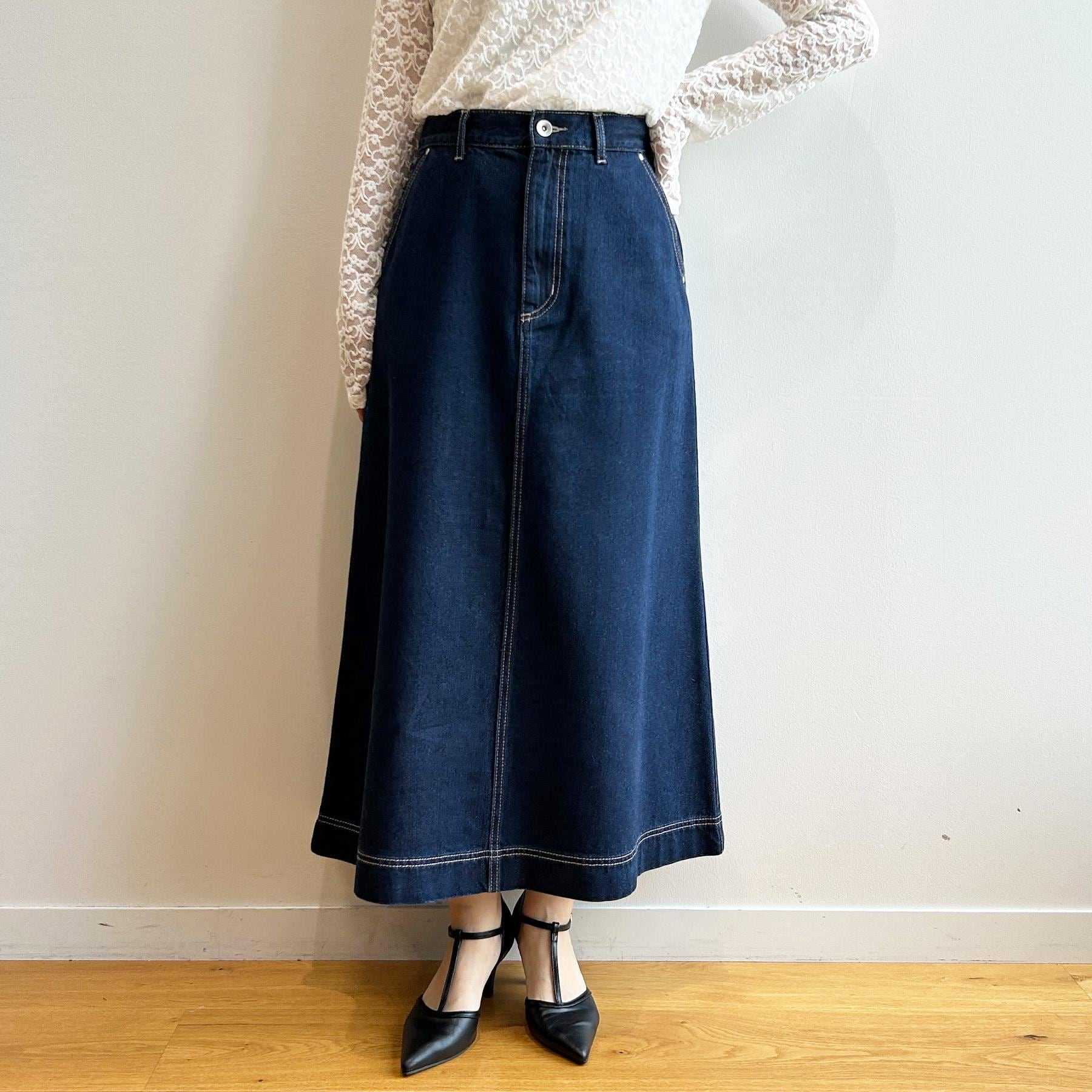 インデックス index 《丈が選べる》Aラインデニムロングスカート【洗濯機洗い可】 (ネイビー(094)) ネイビー(094)