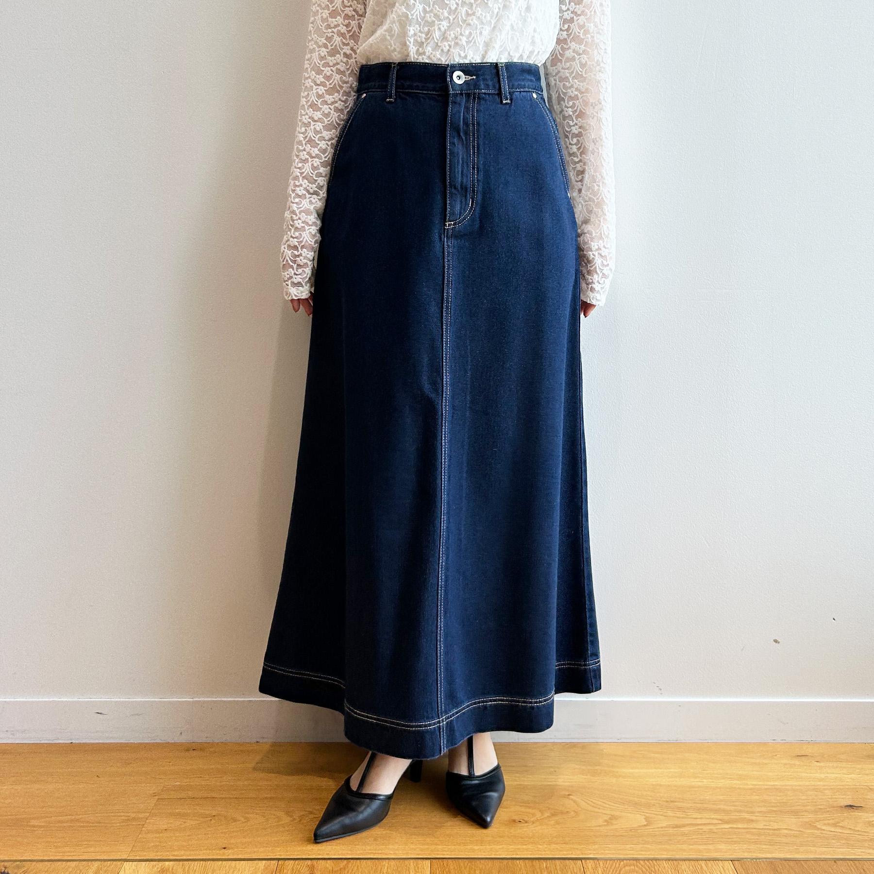 インデックス index 《丈が選べる》Aラインデニムロングスカート【洗濯機洗い可】 (ネイビー(094)) ネイビー(094)