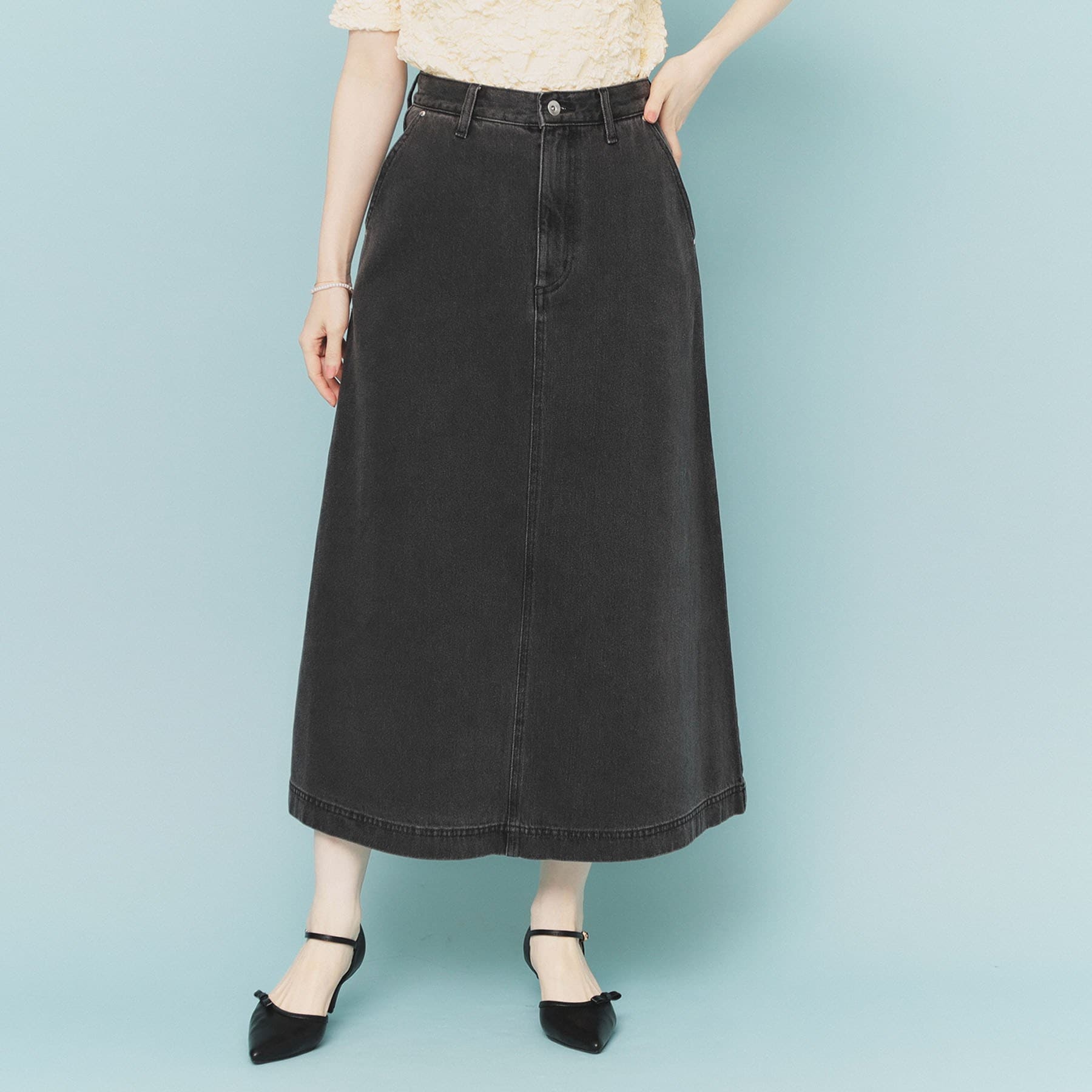 インデックス index 《丈が選べる》Aラインデニムロングスカート【洗濯機洗い可】 (スミクロ(018)) スミクロ(018)