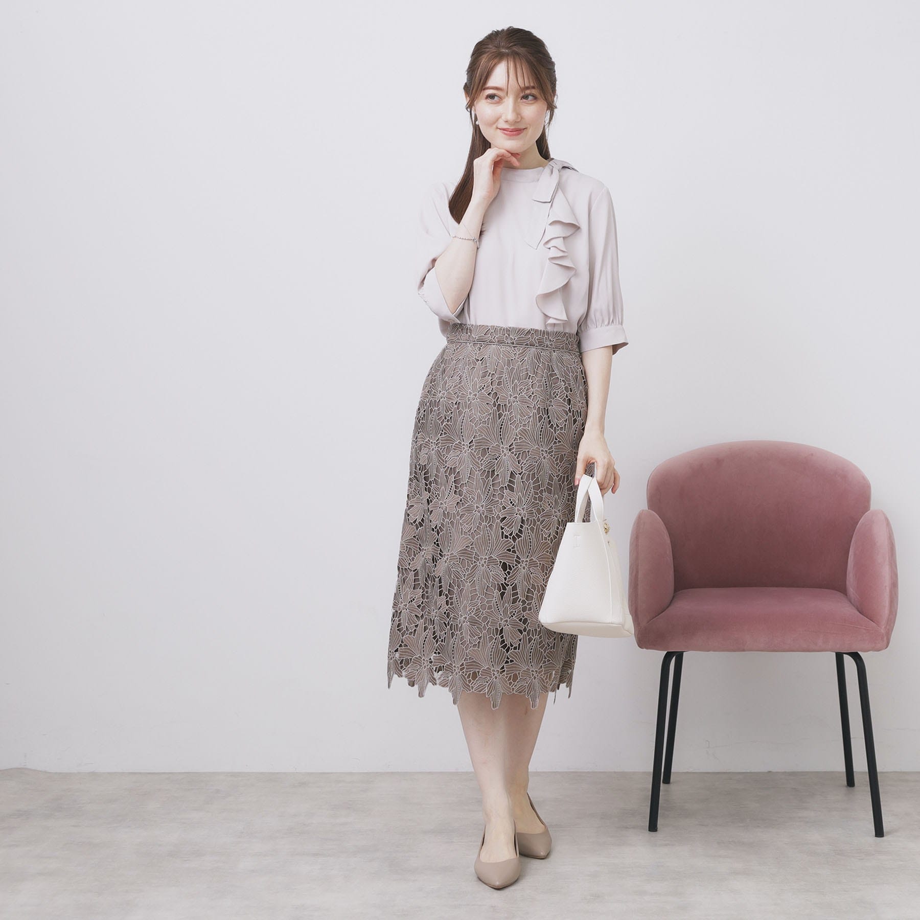 インデックス index 《S-3Lサイズ》バイカラーレースタイトスカート【洗濯機洗い可】 (モカブラウン(042)) モカブラウン(042)