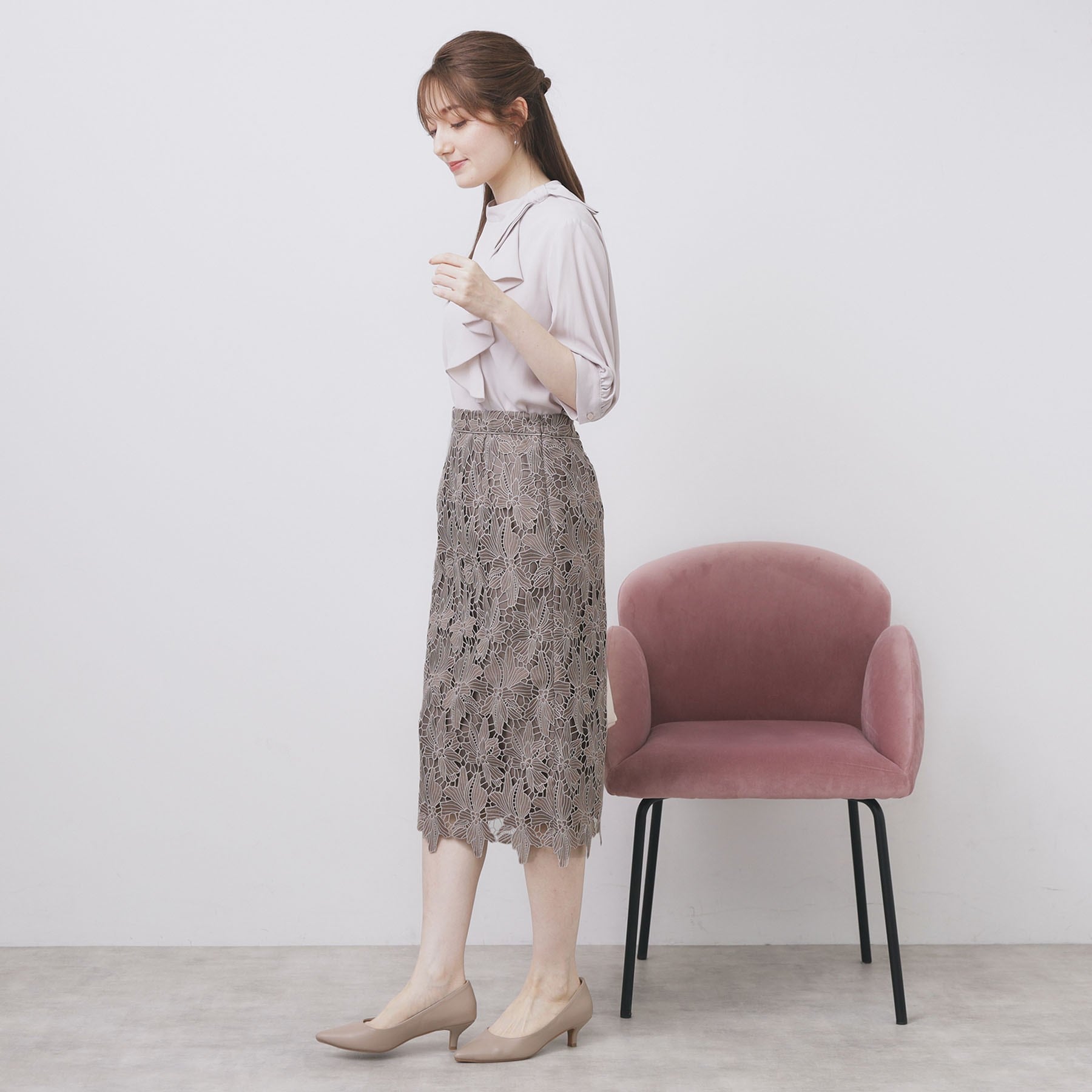 インデックス index 《S-3Lサイズ》バイカラーレースタイトスカート【洗濯機洗い可】 (モカブラウン(042)) モカブラウン(042)