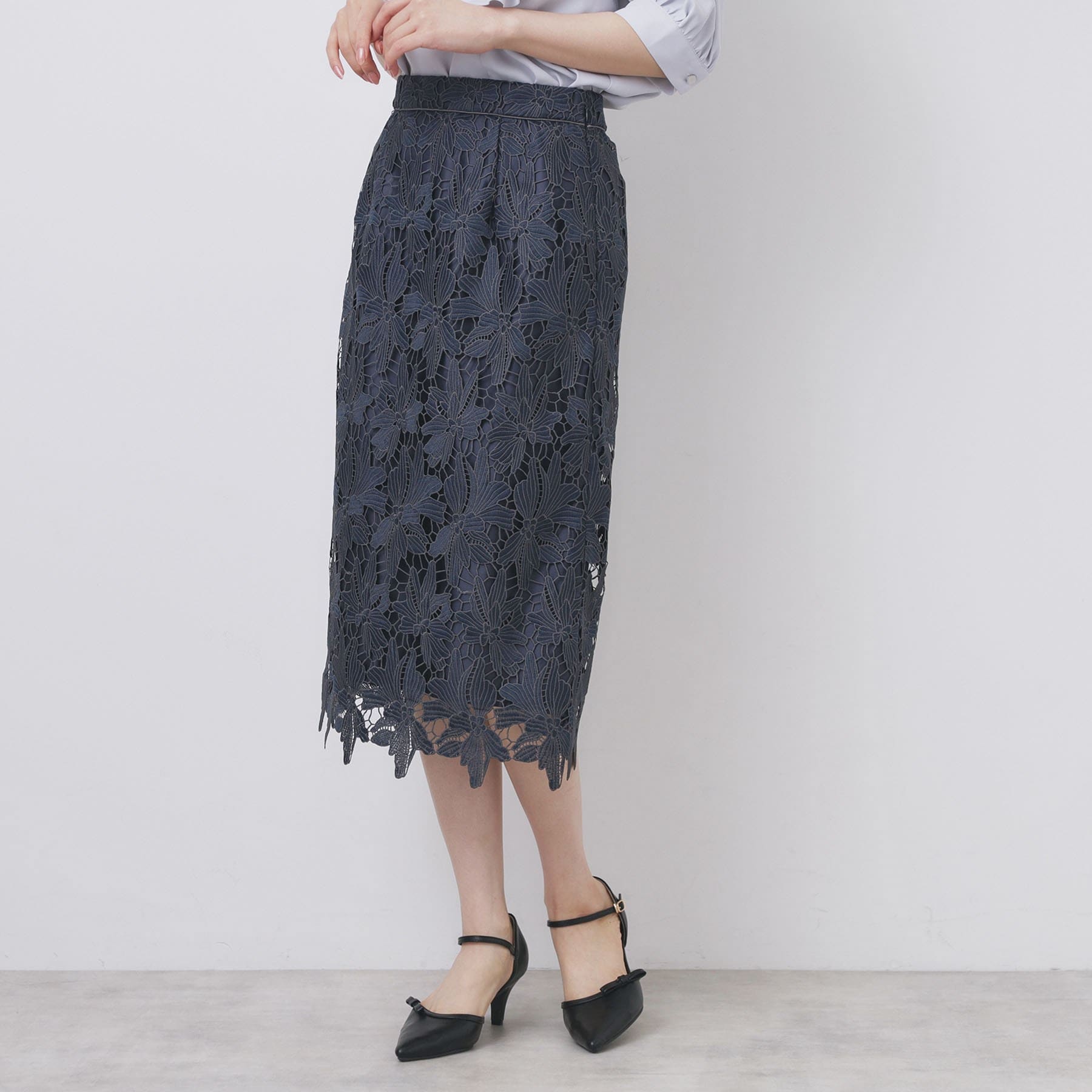 インデックス index 《S-3Lサイズ》バイカラーレースタイトスカート【洗濯機洗い可】 (ネイビー(094)) ネイビー(094)