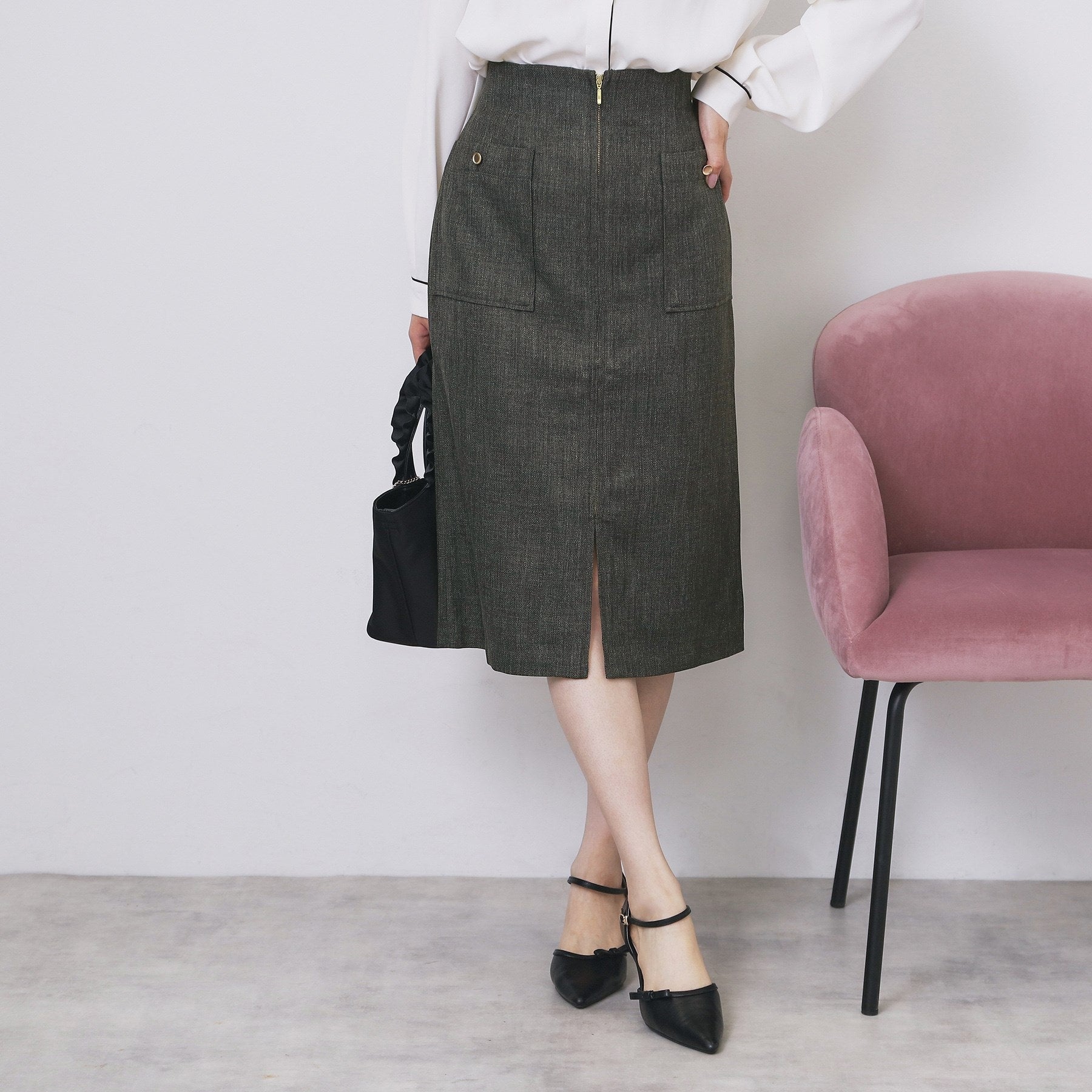 インデックス index ツイード調フロントジップタイトスカート【洗濯機可・防シワ】 (チャコールグレー(014)) チャコールグレー(014)