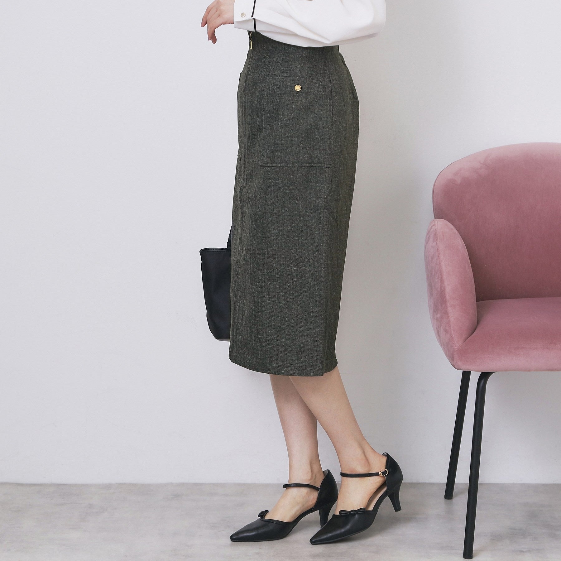 インデックス index ツイード調フロントジップタイトスカート【洗濯機可・防シワ】 (チャコールグレー(014)) チャコールグレー(014)