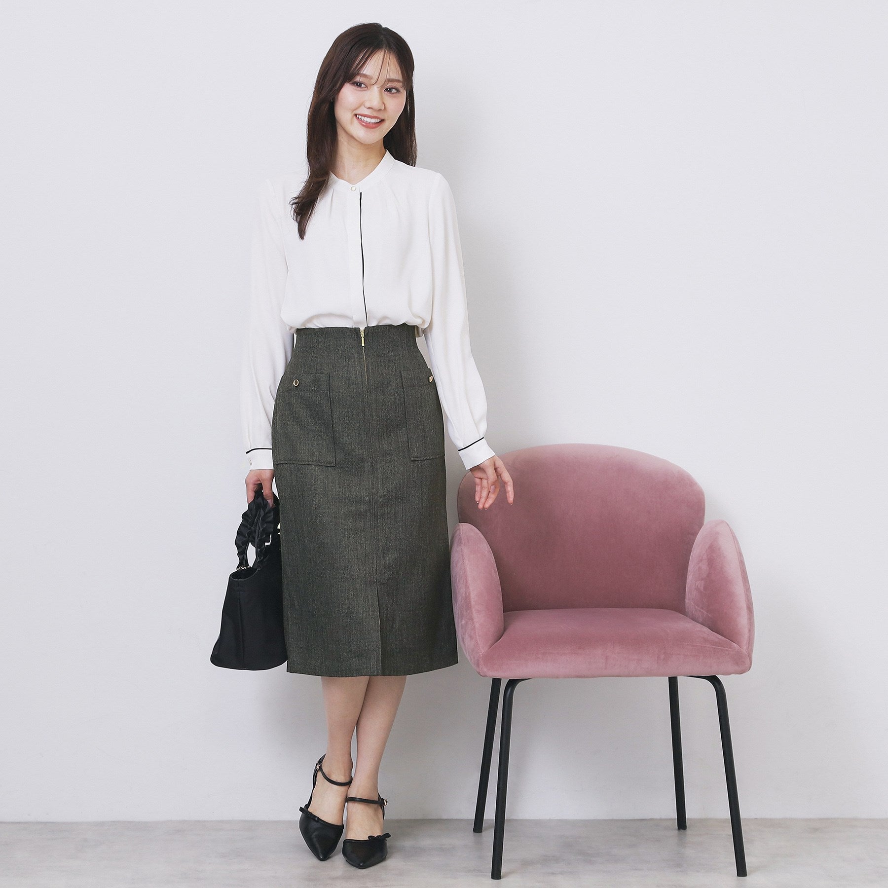 インデックス index ツイード調フロントジップタイトスカート【洗濯機可・防シワ】 (チャコールグレー(014)) チャコールグレー(014)