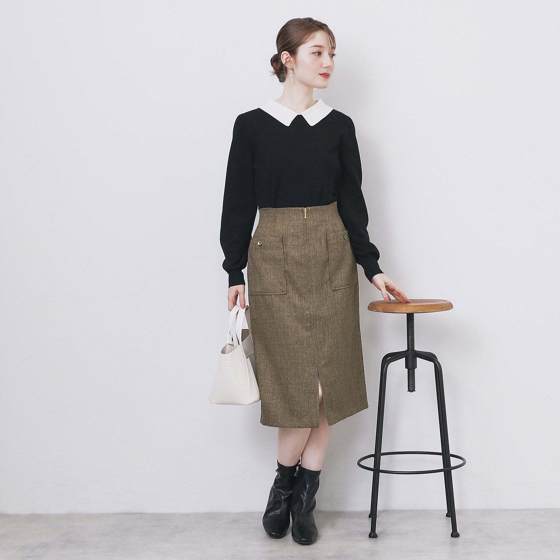 インデックス index ツイード調フロントジップタイトスカート【洗濯機可・防シワ】 (チャコールグレー(014)) チャコールグレー(014)