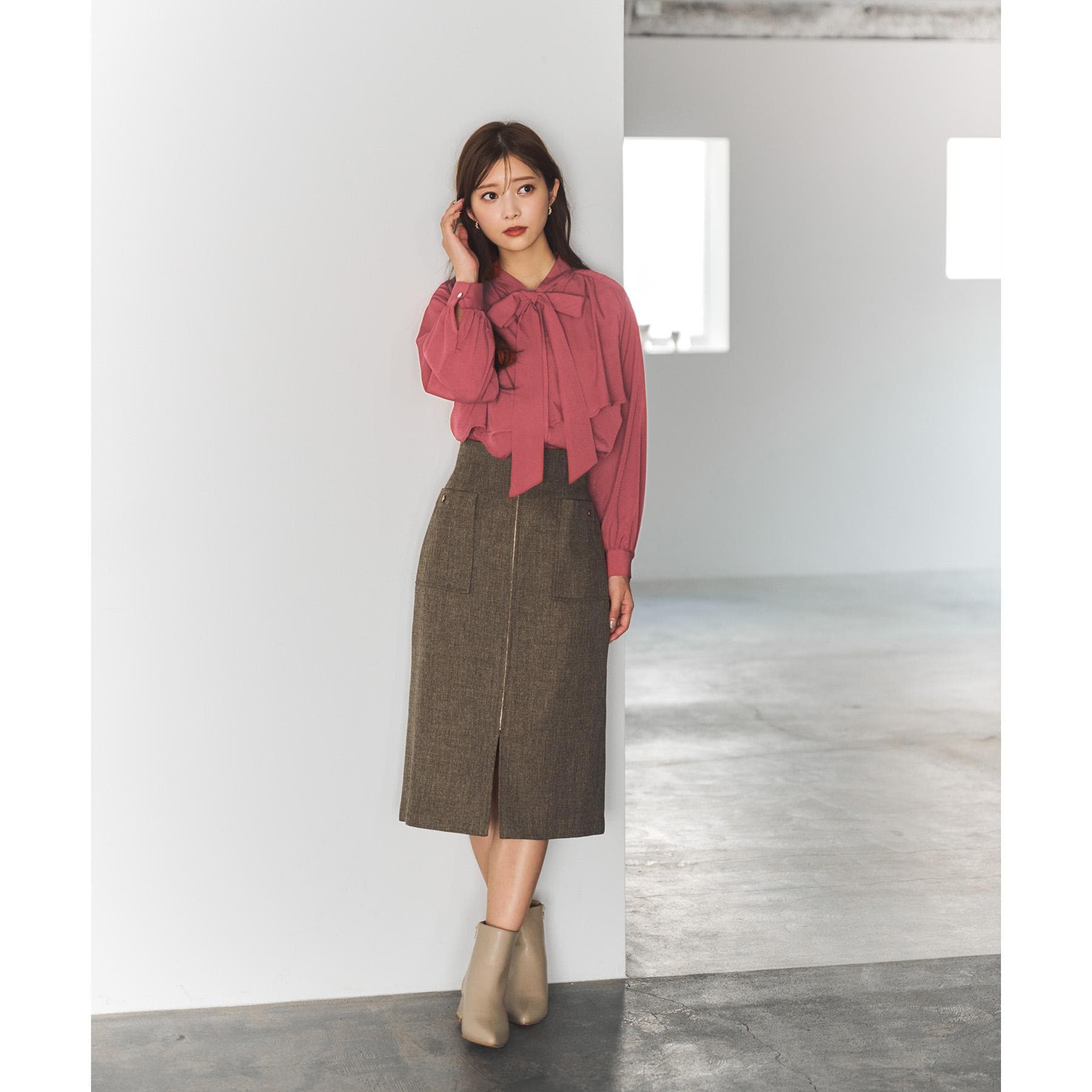 インデックス index ツイード調フロントジップタイトスカート【洗濯機可・防シワ】 (チャコールグレー(014)) チャコールグレー(014)