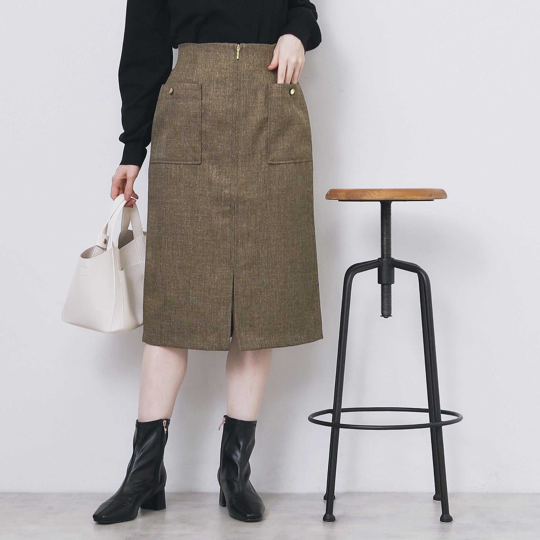 インデックス index ツイード調フロントジップタイトスカート【洗濯機可・防シワ】 (ブラウン(044)) ブラウン(044)