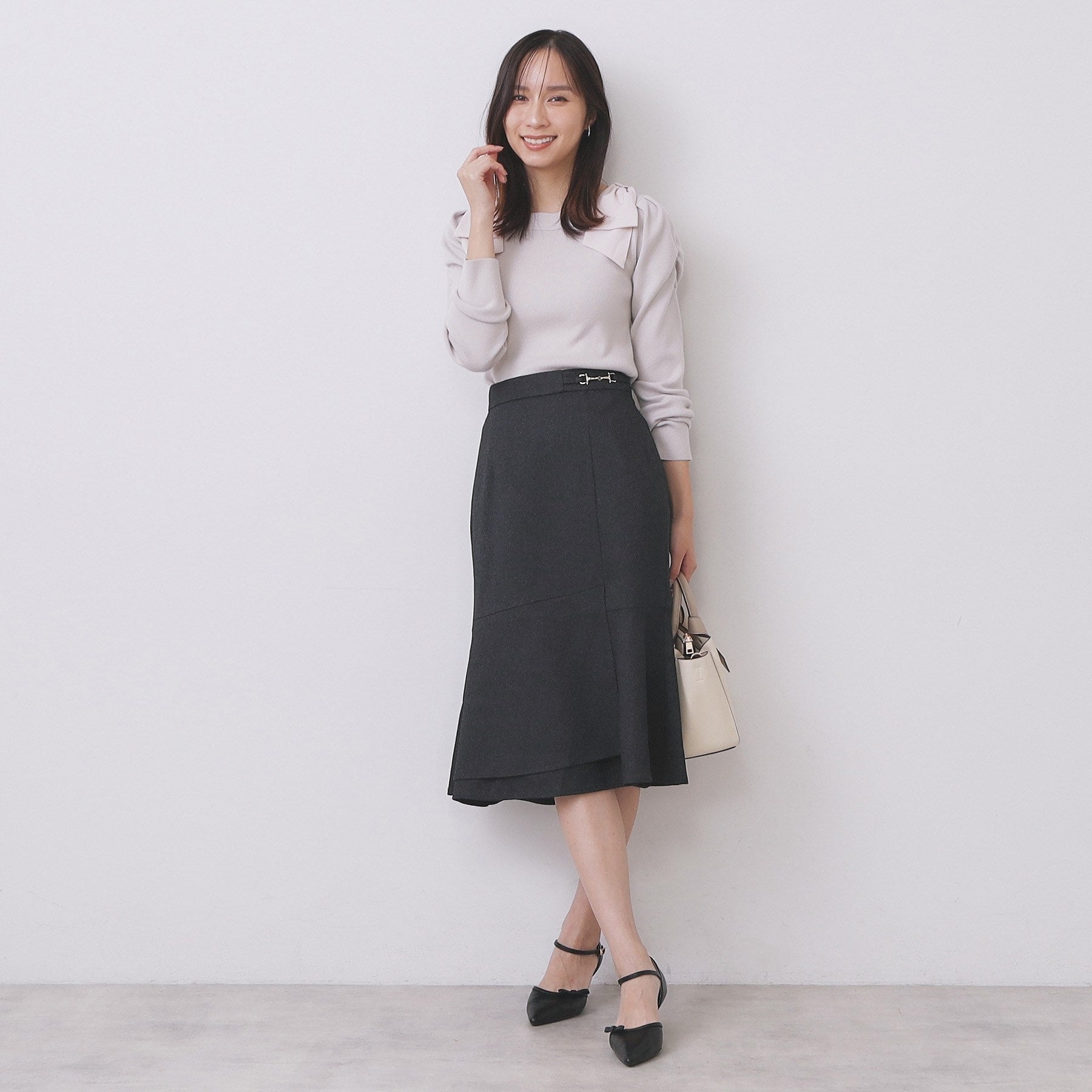 インデックス index カルゼツイードアシメフレアスカート【洗濯機可・防シワ・イージーアイロン・抗ピリング】 (チャコールグレー(013)) チャコールグレー(013)