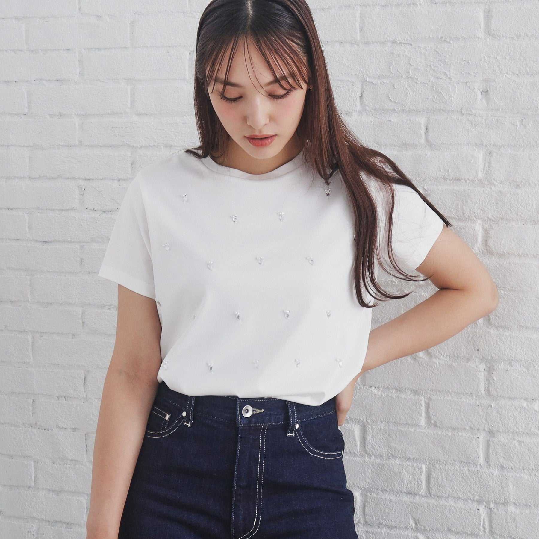 インデックス index 60シルケット短丈ビジューTシャツ【洗濯機可・接触冷感】