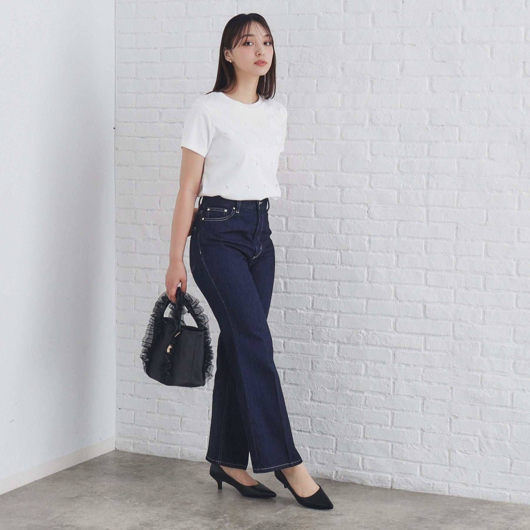 インデックス index 60シルケット短丈ビジューTシャツ【洗濯機可・接触冷感】