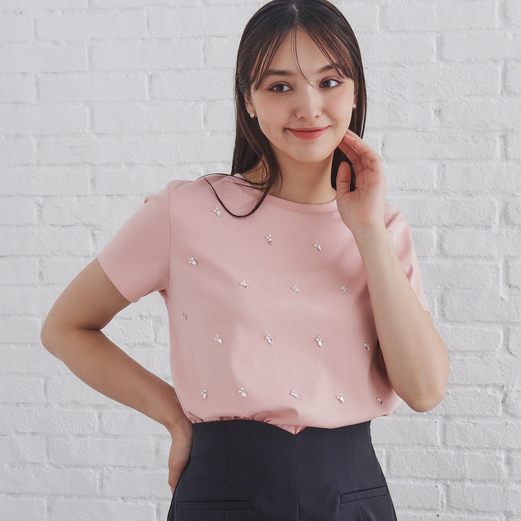 インデックス index 60シルケット短丈ビジューTシャツ【洗濯機可・接触冷感】