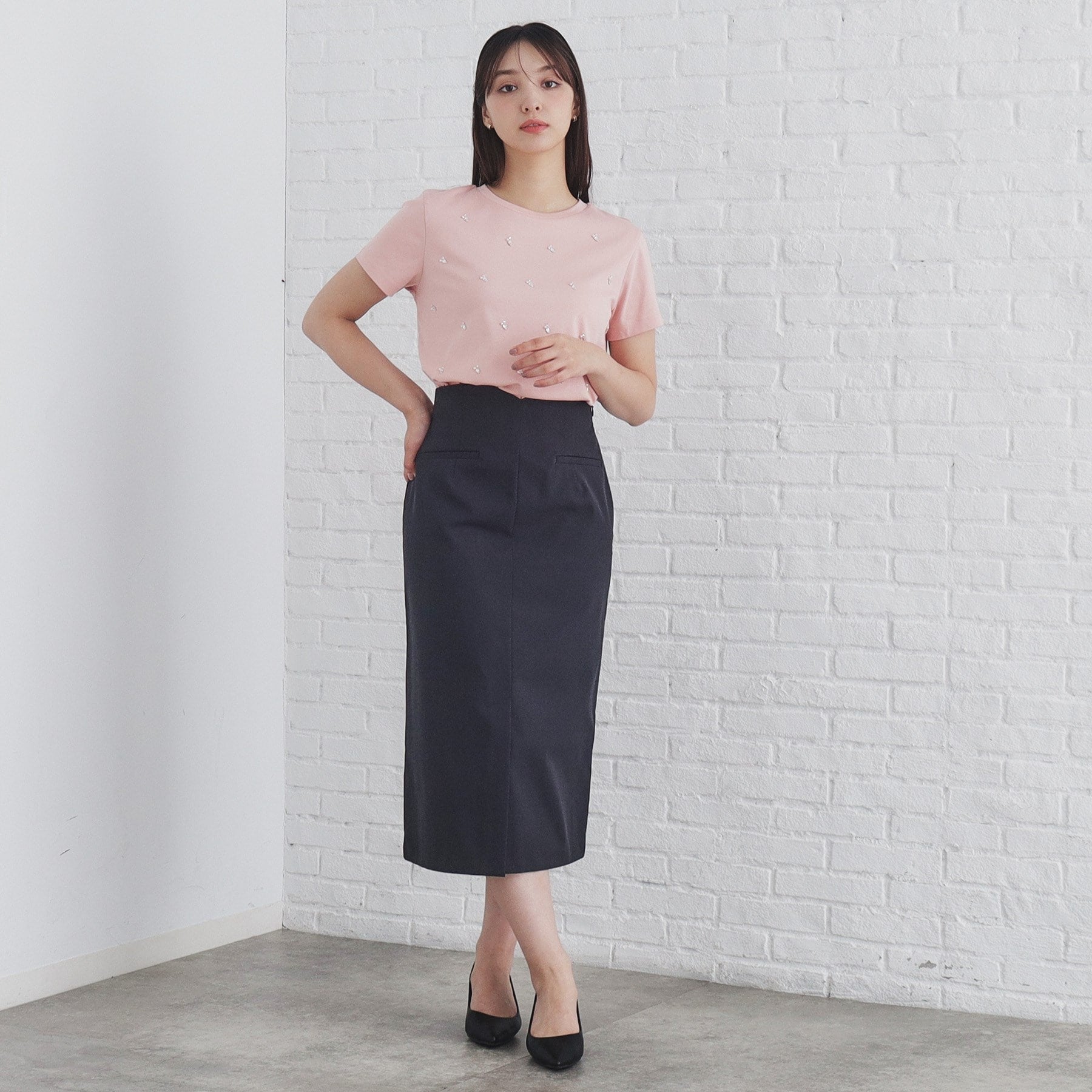 インデックス index 60シルケット短丈ビジューTシャツ【洗濯機可・接触冷感】