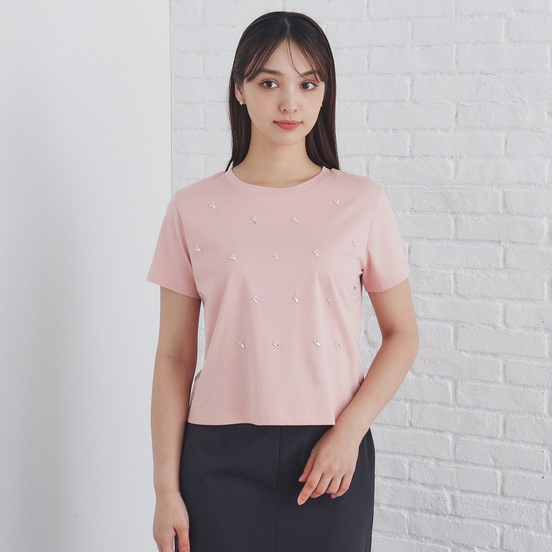 インデックス index 60シルケット短丈ビジューTシャツ【洗濯機可・接触冷感】