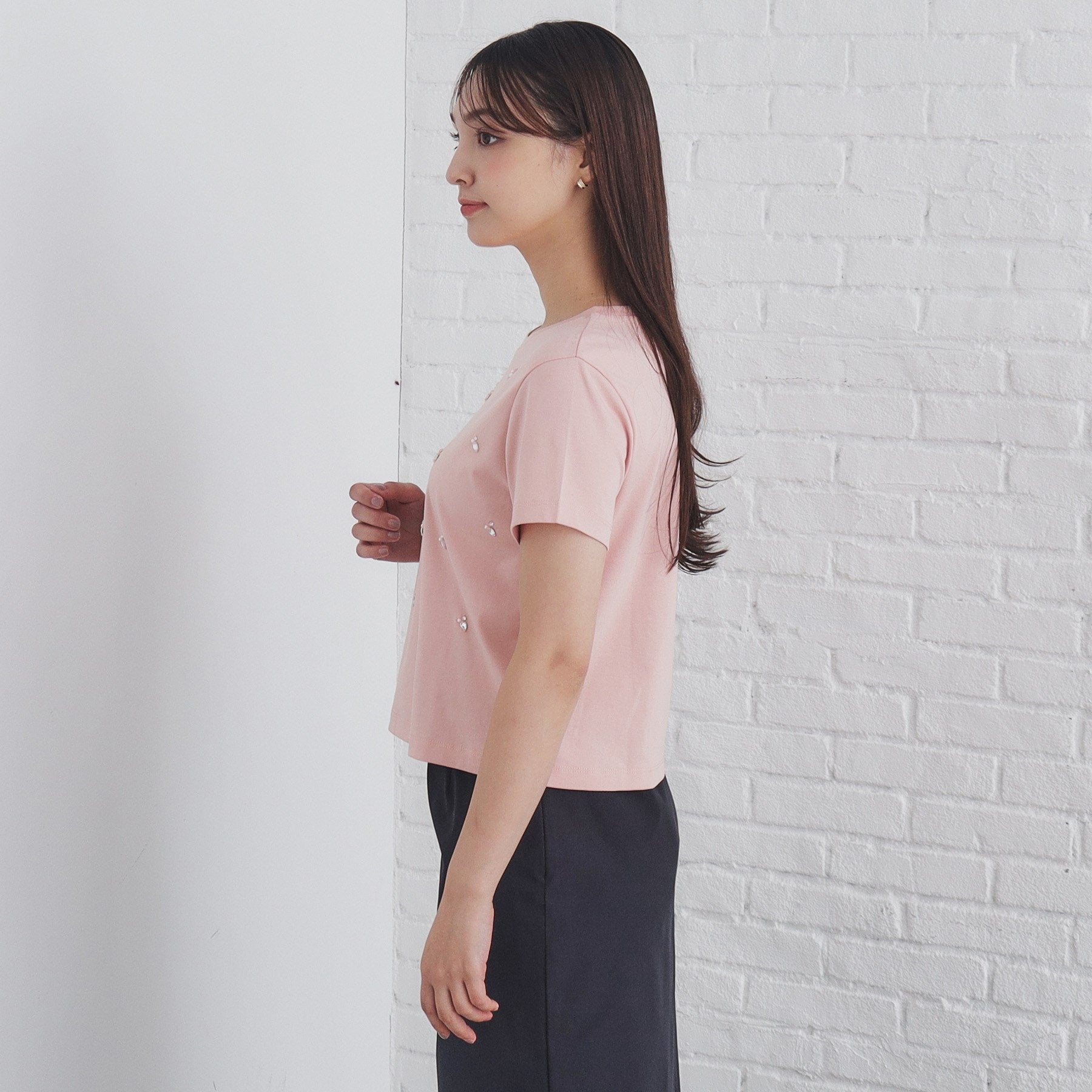 インデックス index 60シルケット短丈ビジューTシャツ【洗濯機可・接触冷感】