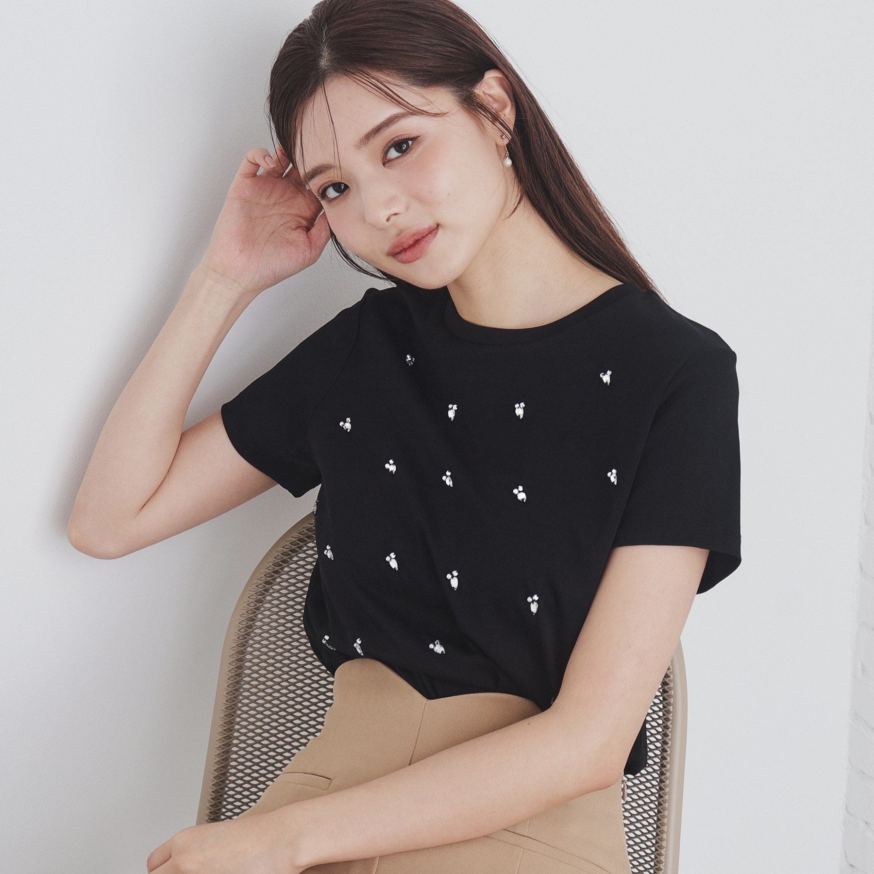 インデックス index 60シルケット短丈ビジューTシャツ【洗濯機可・接触冷感】