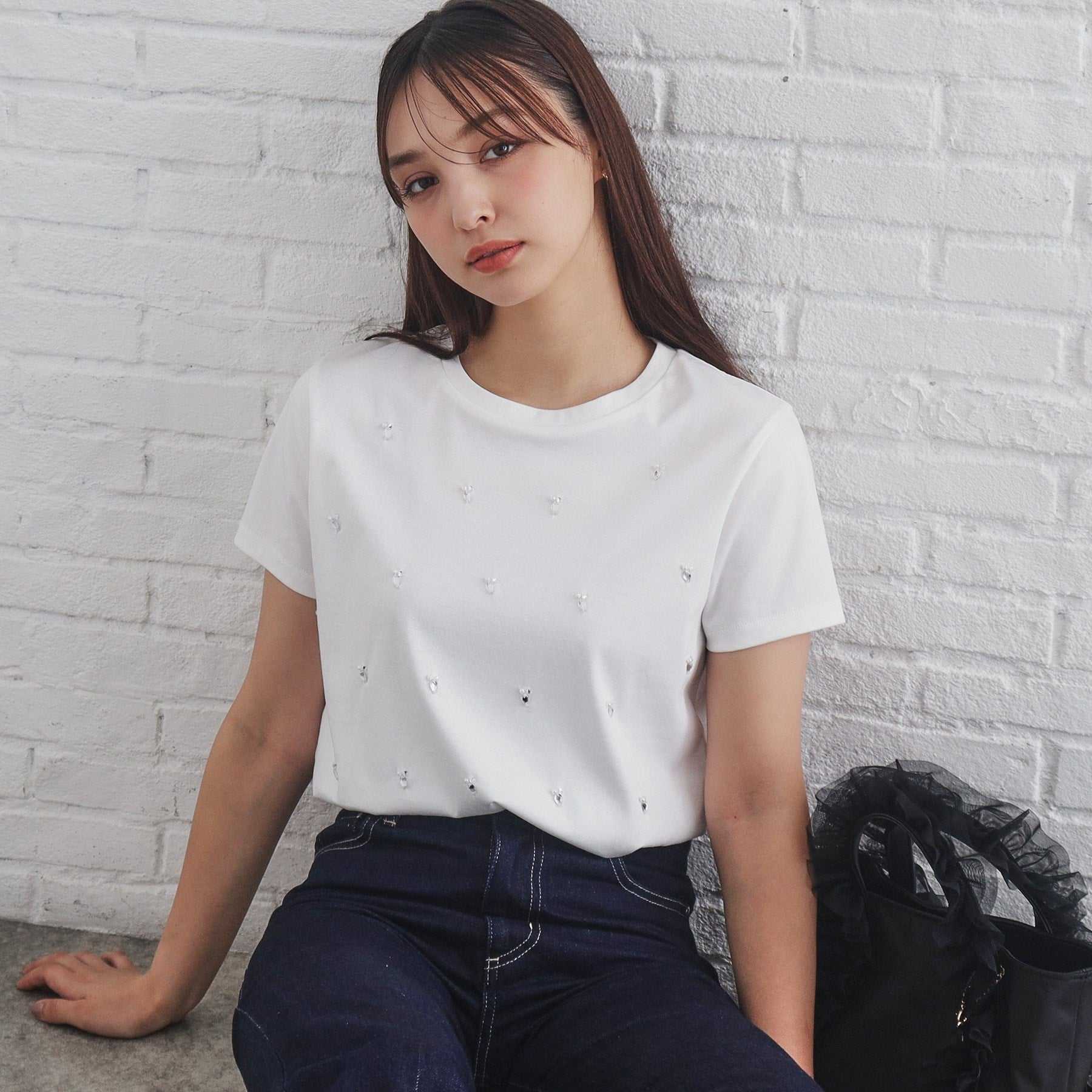 インデックス index 60シルケット短丈ビジューTシャツ【洗濯機可・接触冷感】,オフホワイト(003)