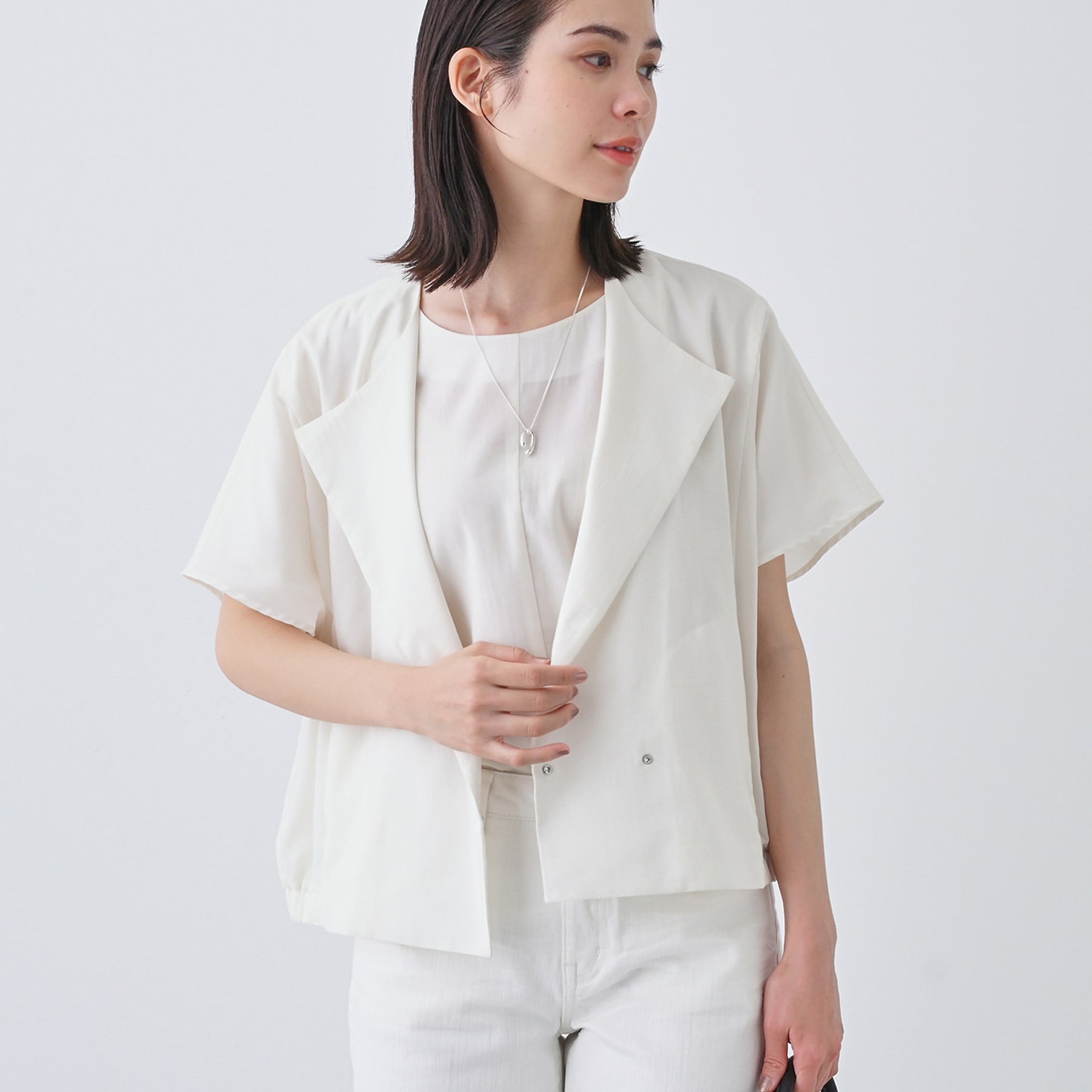 インディヴィ INDIVI 【撥水/接触冷感/UVケア】フレンチスリーブ ブラウスライクジャケット (オフホワイト(003)) オフホワイト(003)