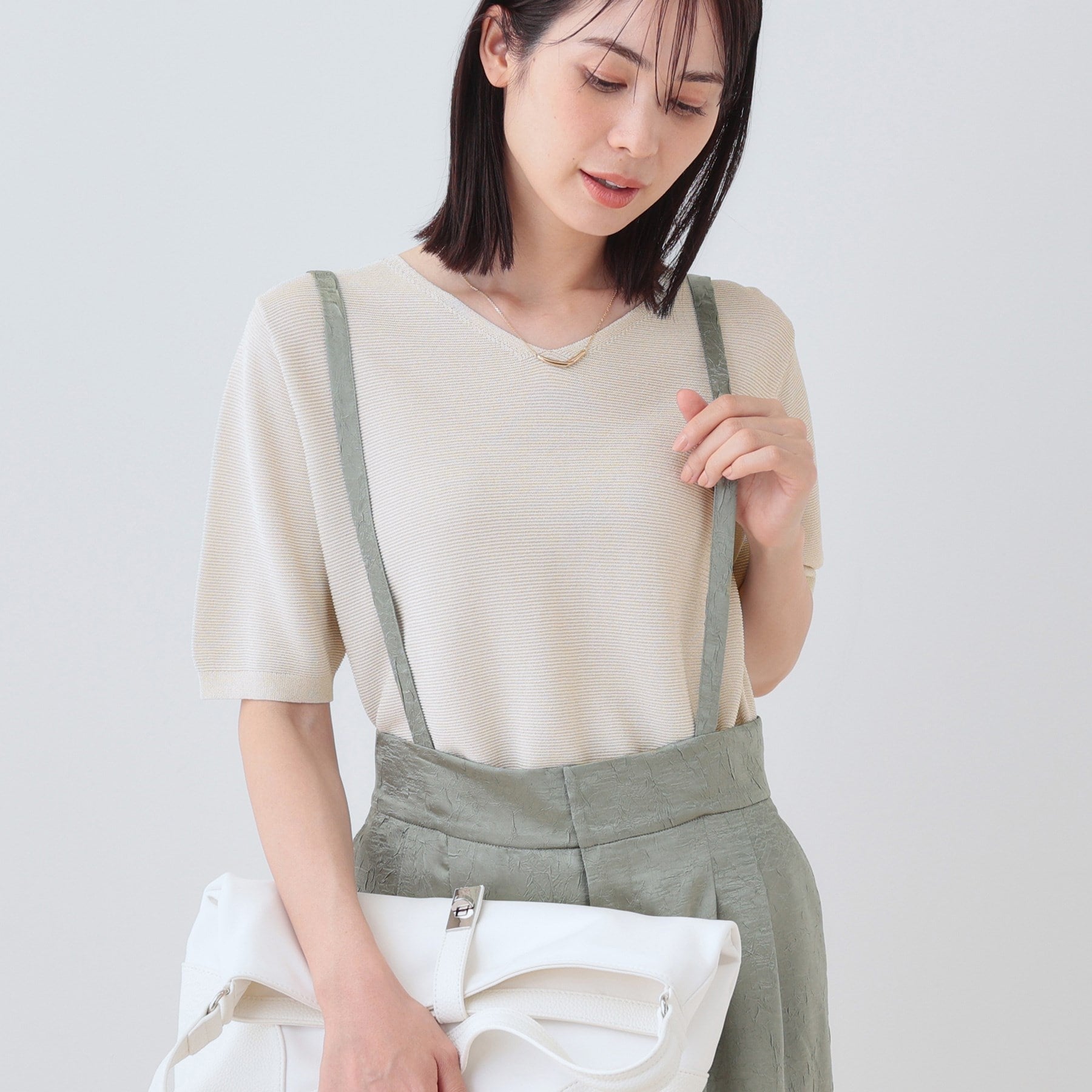 インディヴィ INDIVI 【洗える/ラメ】半袖Vネックニット (オフホワイト(003)) オフホワイト(003)