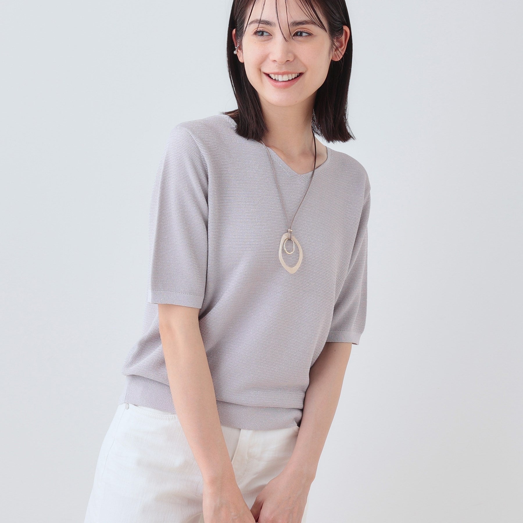 インディヴィ INDIVI 【洗える/ラメ】半袖Vネックニット (ライトグレー(011)) ライトグレー(011)