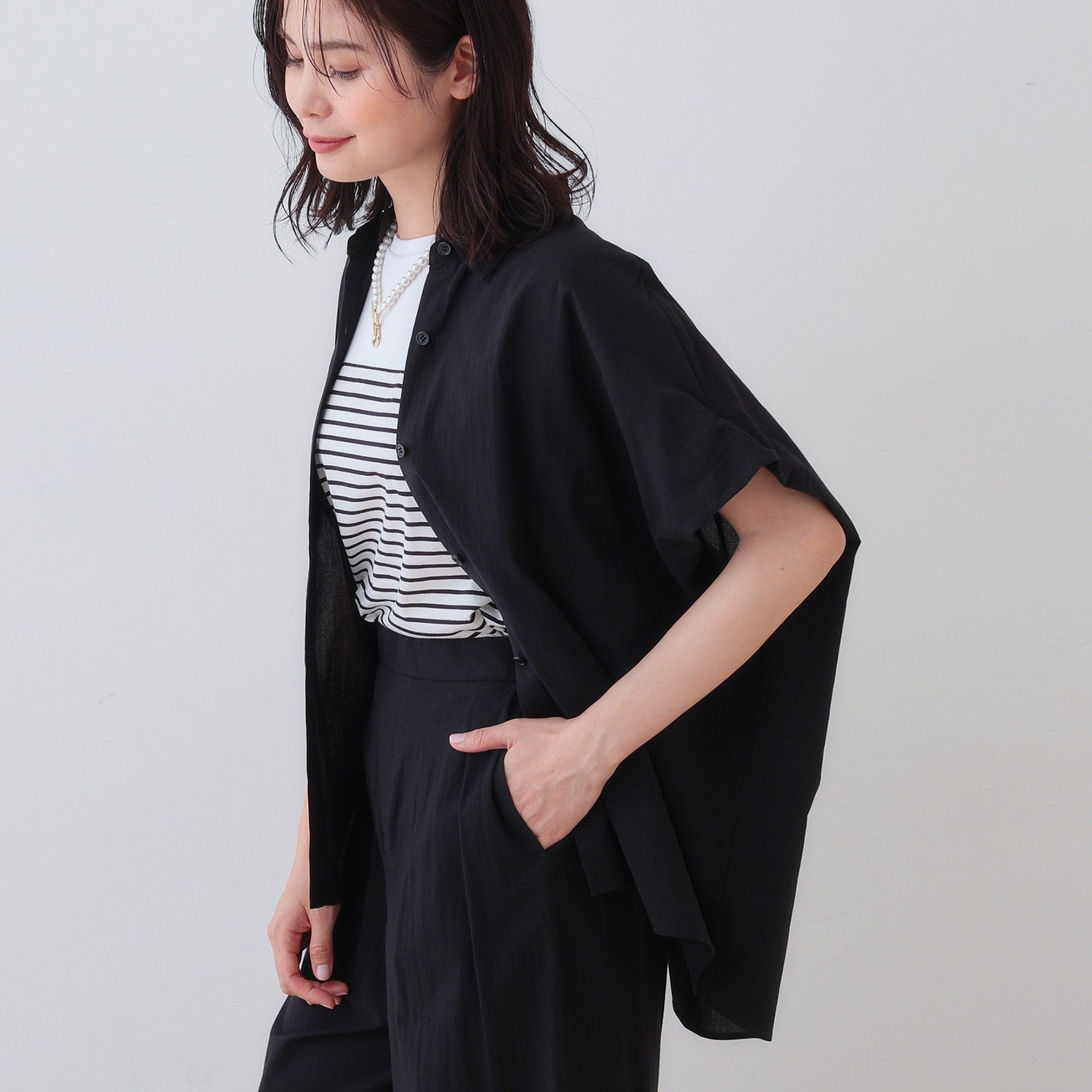 インディヴィ INDIVI 【SETUP可能/涼しい】コットンオーバーシャツ (ブラック(019)) ブラック(019)