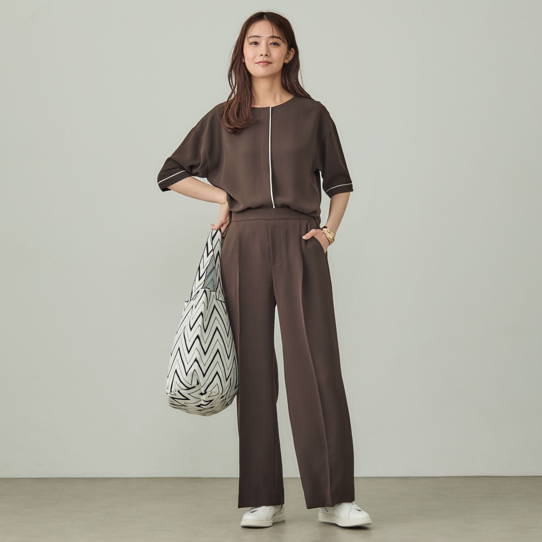 インディヴィ INDIVI 【洗える/UVケア】ワイドパンツ (ブラウン(044)) ブラウン(044)