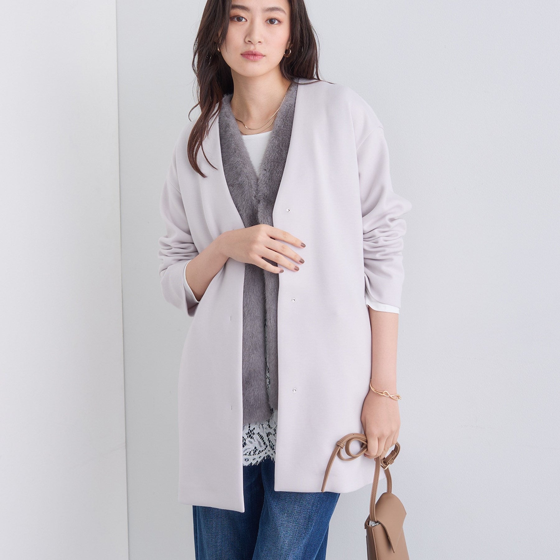 インディヴィ INDIVI 【ダンボール素材】ノーカラーIライン ライトコート (ライトグレー(611)) ライトグレー(611)