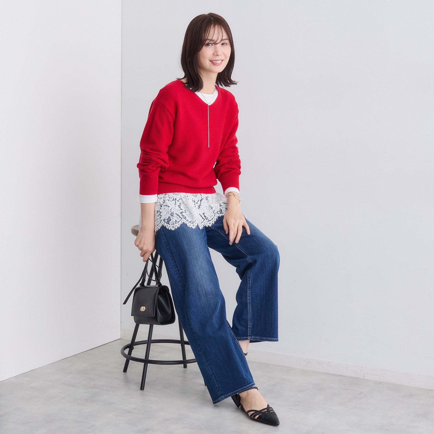 インディヴィ INDIVI 【ウール混ラメ素材】Vネック煌めきニット (オフホワイト(003)) オフホワイト(003)