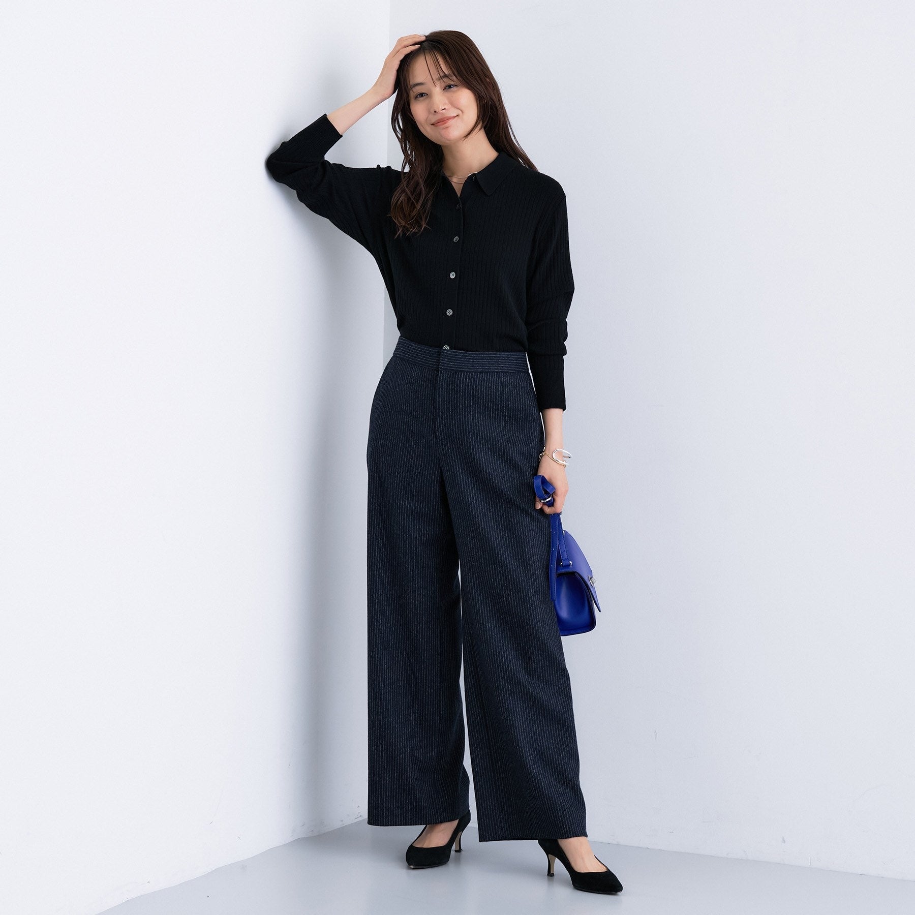 インディヴィ INDIVI 【褒められパンツ/ウール混】ウォームウール ワイドパンツ (ブルー(493)) ブルー(493)