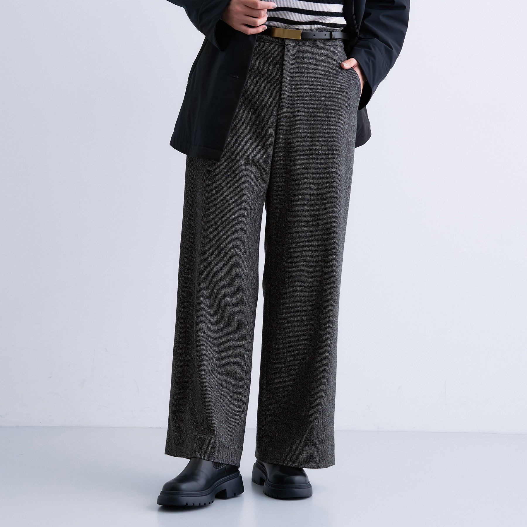 インディヴィ INDIVI 【褒められパンツ/ウール混】ウォームウール ワイドパンツ (ブルー(493)) ブルー(493)