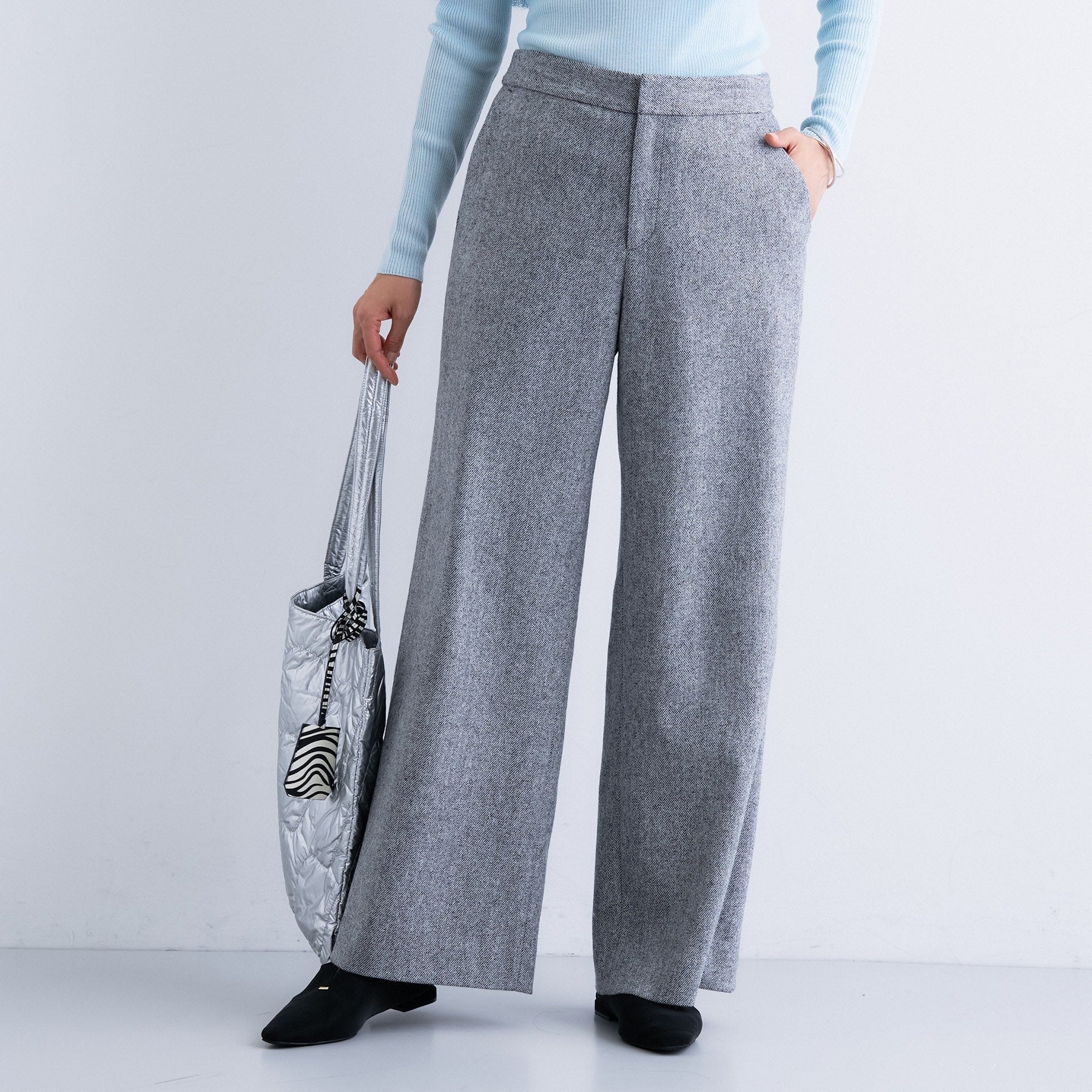 インディヴィ INDIVI 【褒められパンツ/ウール混】ウォームウール ワイドパンツ (チャコールグレー(413)) チャコールグレー(413)