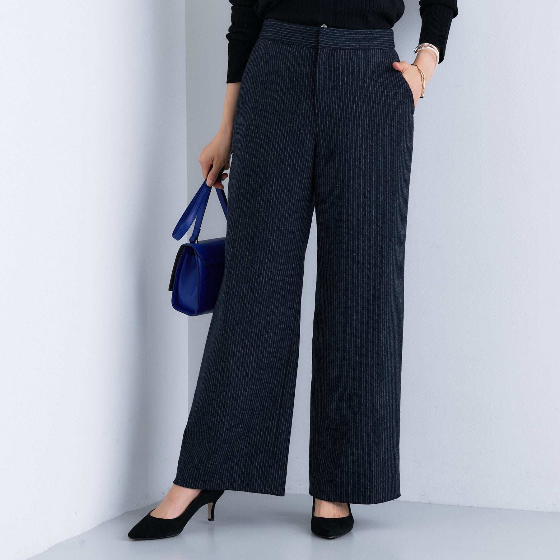 インディヴィ INDIVI 【褒められパンツ/ウール混】ウォームウール ワイドパンツ (ネイビー(394)) ネイビー(394)