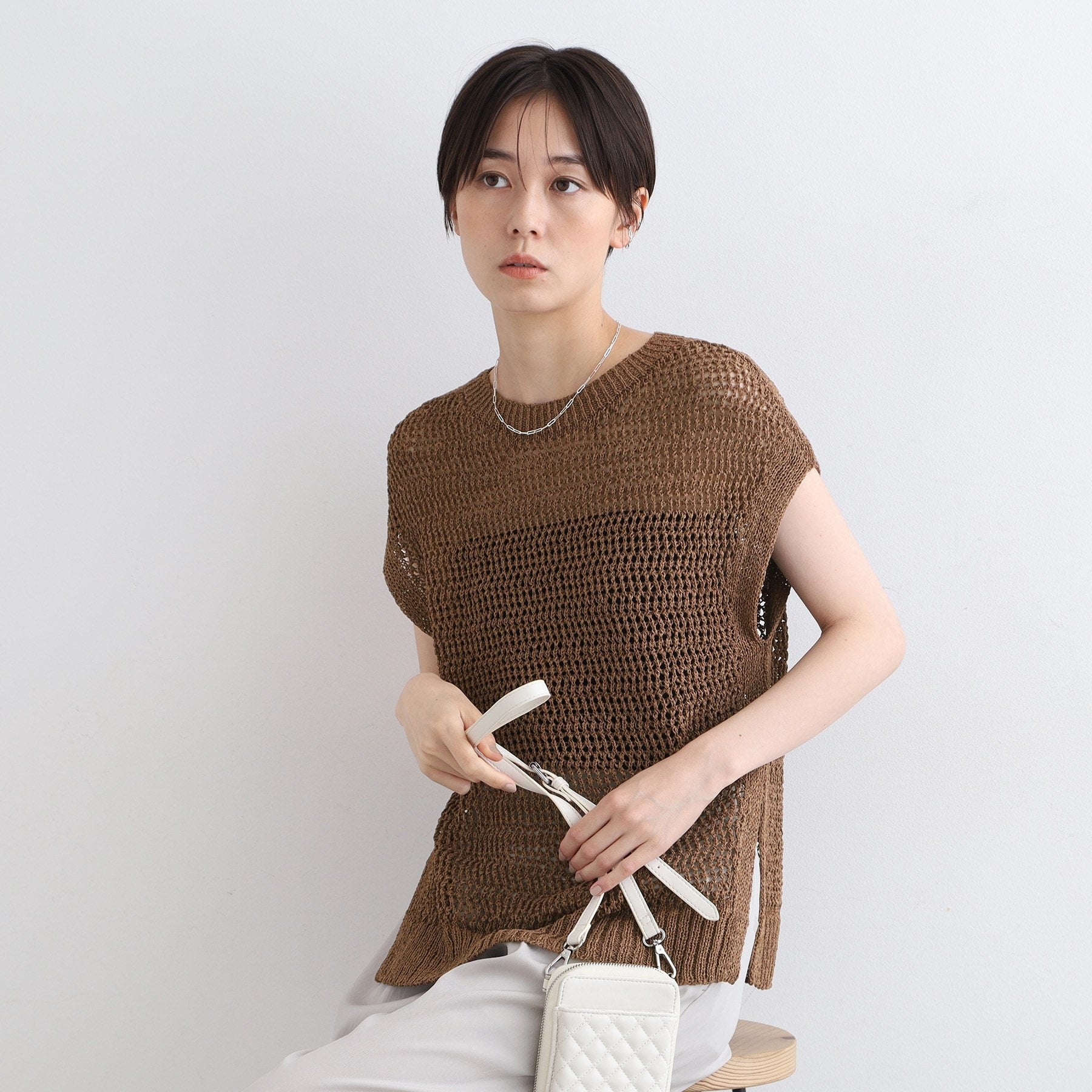 INDIVI 【Washable / Paper Yarn】 Sheer Pattern Knit Vest