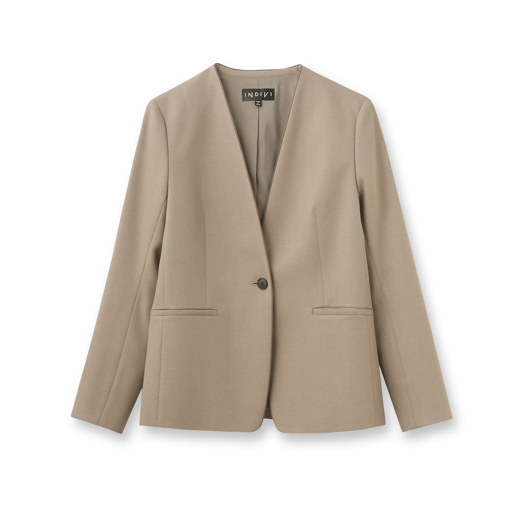 インディヴィ INDIVI 【洗える/UVケア/定番スーツ】ウール調ノーカラージャケット (ピンクベージュ(053)) ピンクベージュ(053)