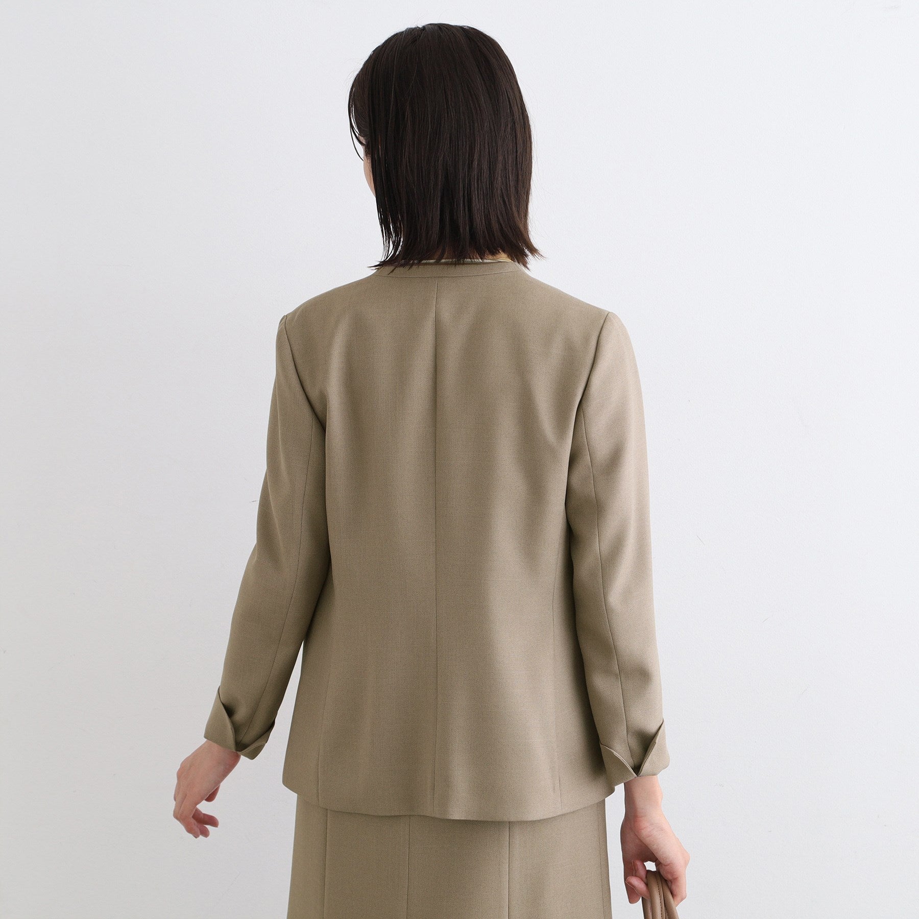 インディヴィ INDIVI 【洗える/UVケア/定番スーツ】ウール調ノーカラージャケット (ピンクベージュ(053)) ピンクベージュ(053)