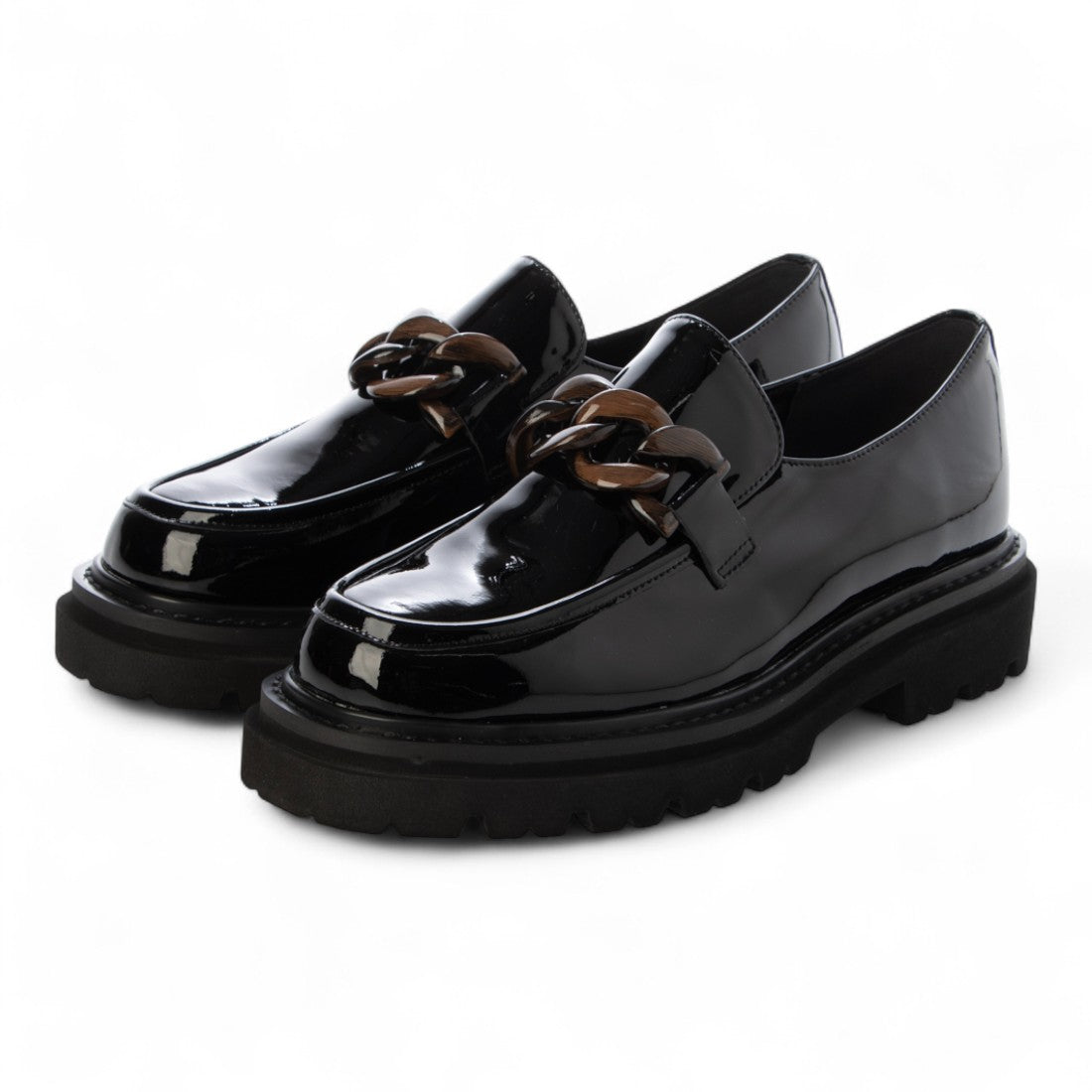 インターショシュール INTER-CHAUSSURES 撥水厚底チェーンローファー (ブラックエナメル) ブラックエナメル