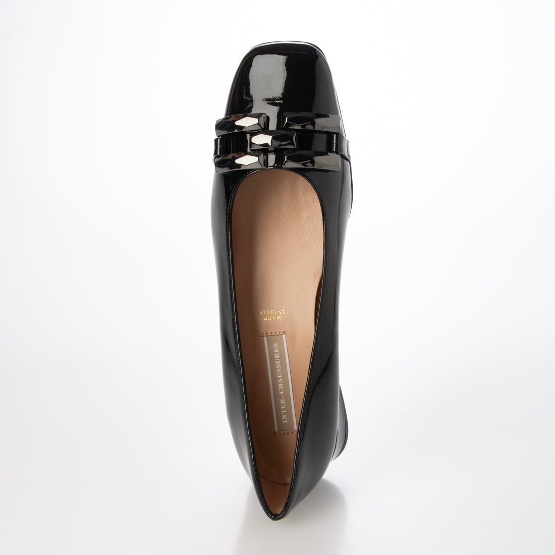 インターショシュール INTER-CHAUSSURES スクエアトウローヒールバックルパンプス (ブラックエナメル) ブラックエナメル