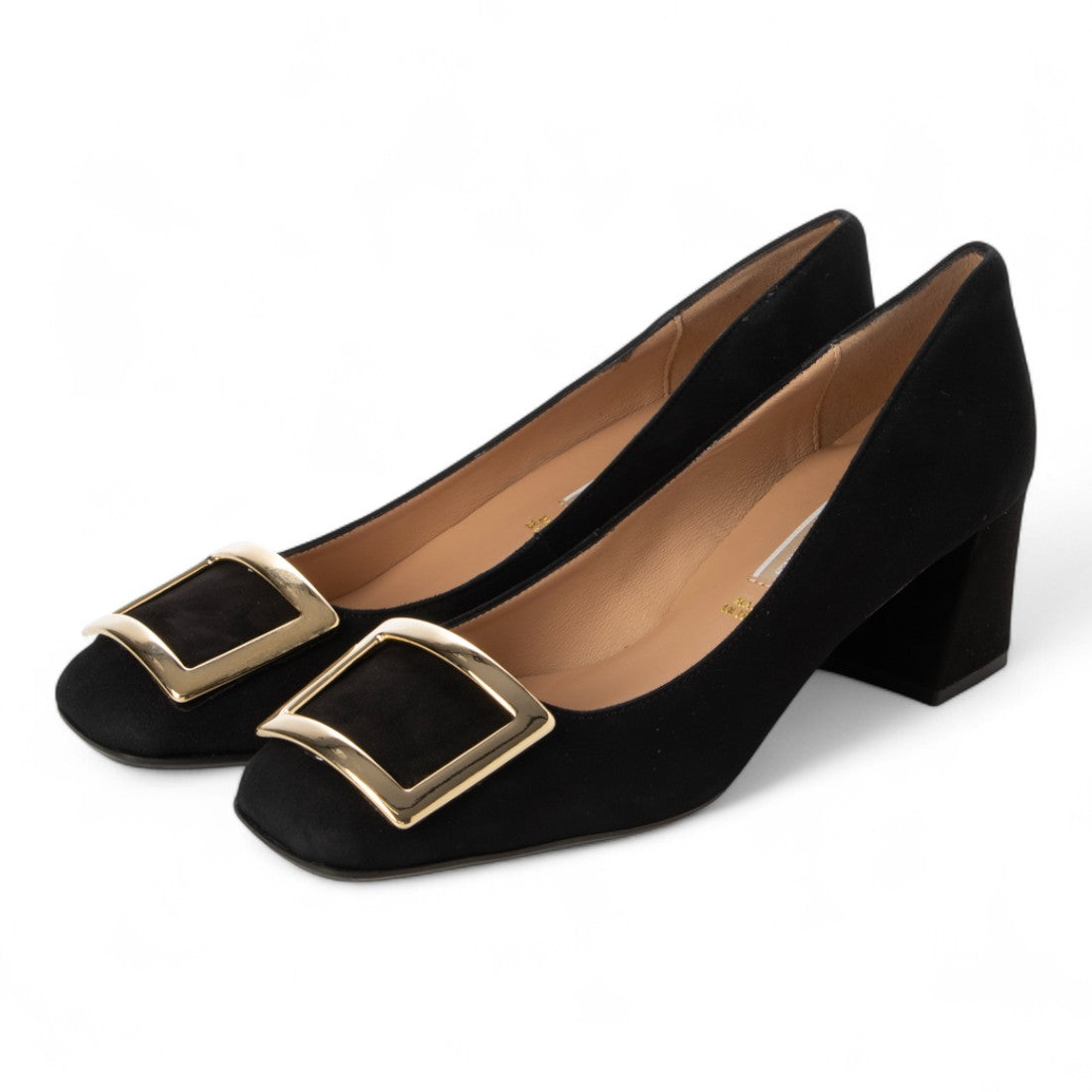 インターショシュール INTER-CHAUSSURES スクエアトウメタルバックルパンプス (ブラックスウェード) ブラックスウェード