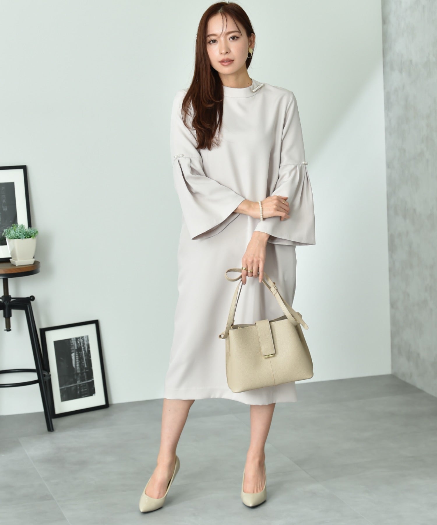 インタープラネット INTERPLANET 【機器可洗】雙面交織袖珍珠鈕扣連衣裙