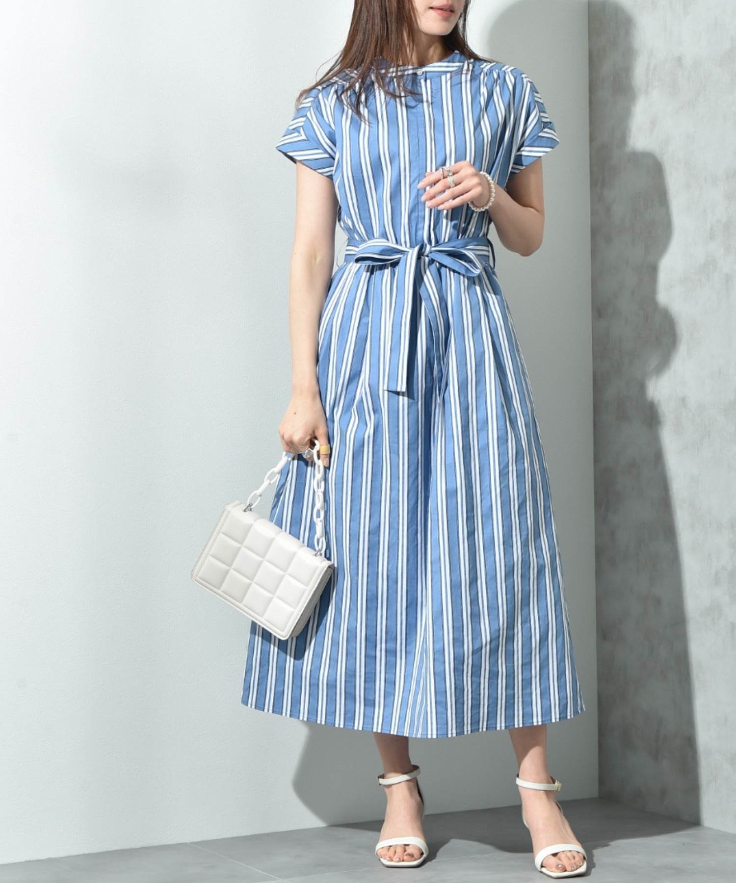 インタープラネット INTERPLANET ストライプ半袖シャツワンピース (ストライプ サックス) ストライプ サックス