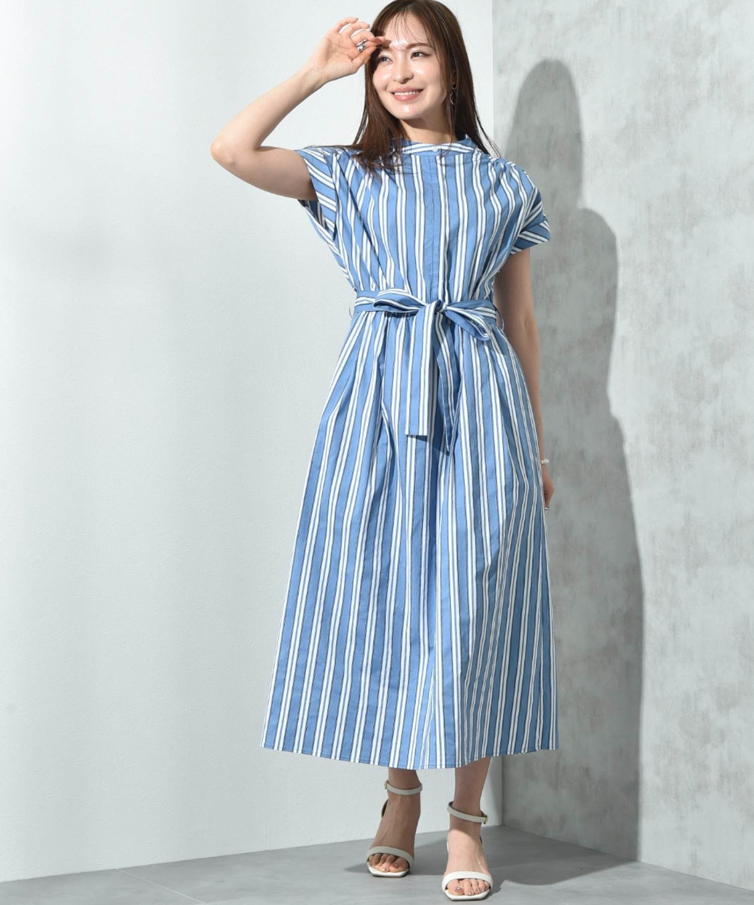 インタープラネット INTERPLANET ストライプ半袖シャツワンピース (ストライプ サックス) ストライプ サックス