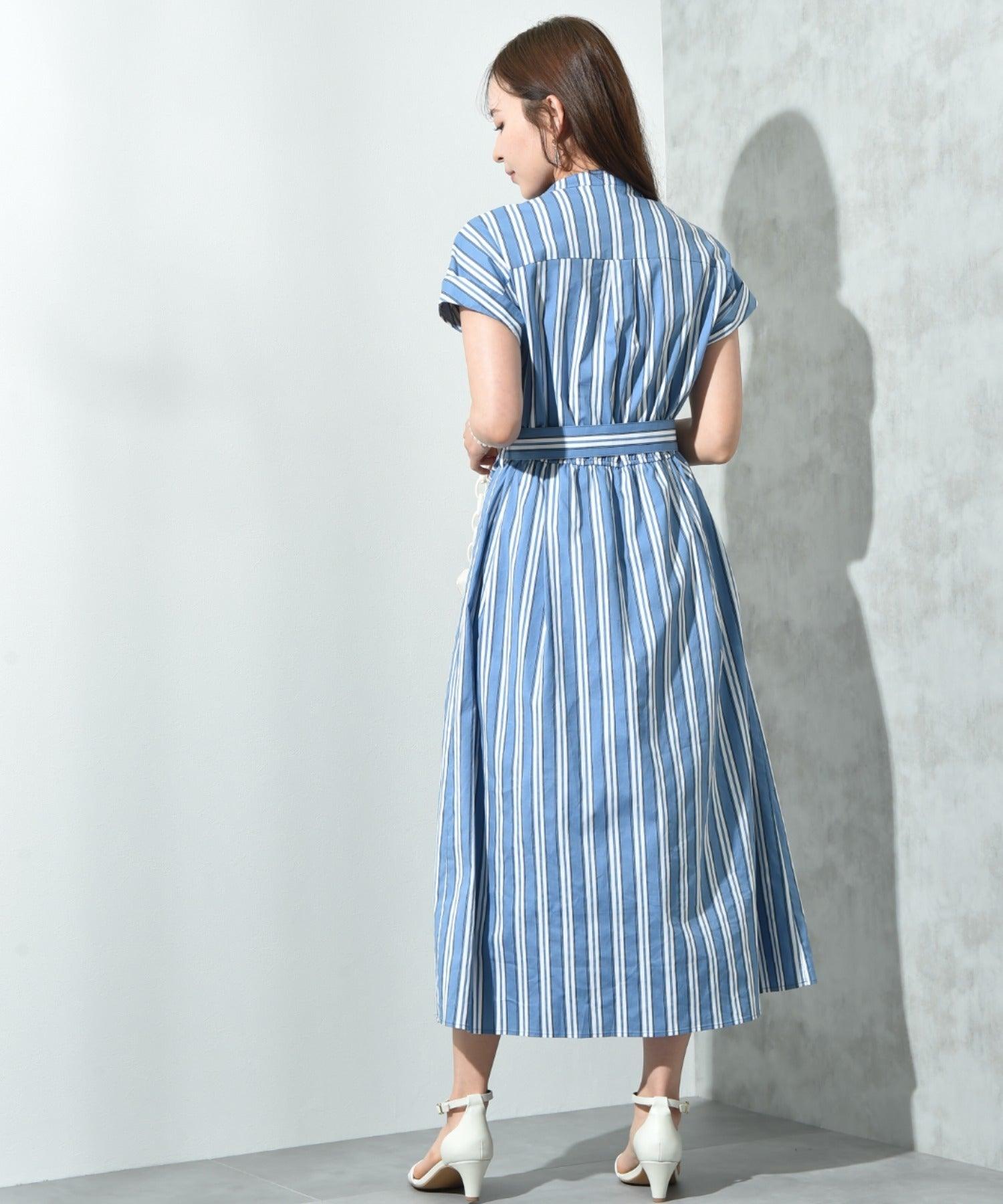 インタープラネット INTERPLANET ストライプ半袖シャツワンピース (ストライプ サックス) ストライプ サックス