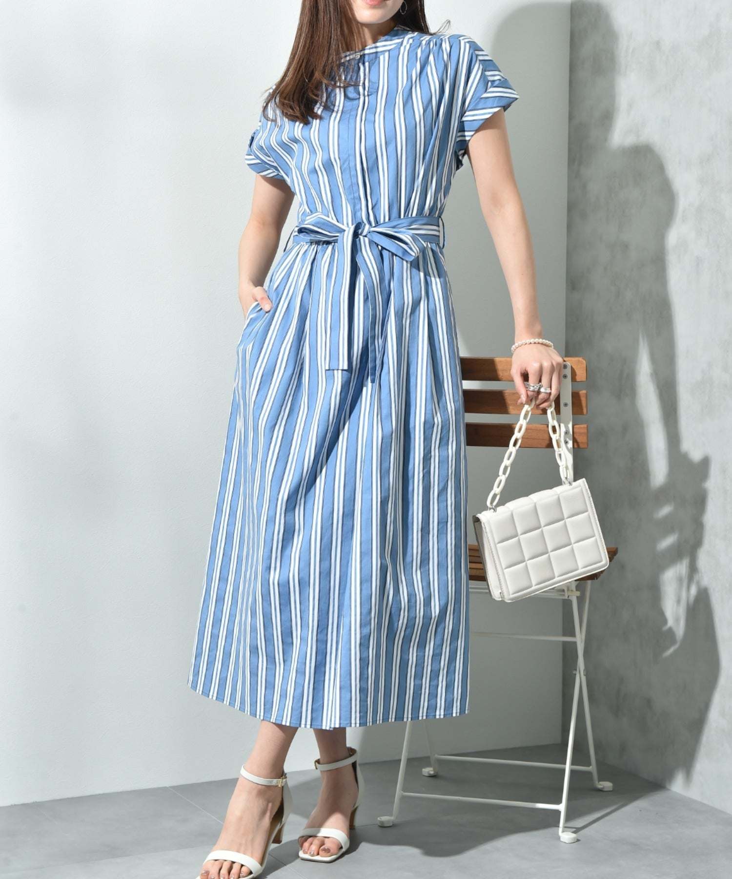 インタープラネット INTERPLANET ストライプ半袖シャツワンピース (ストライプ サックス) ストライプ サックス